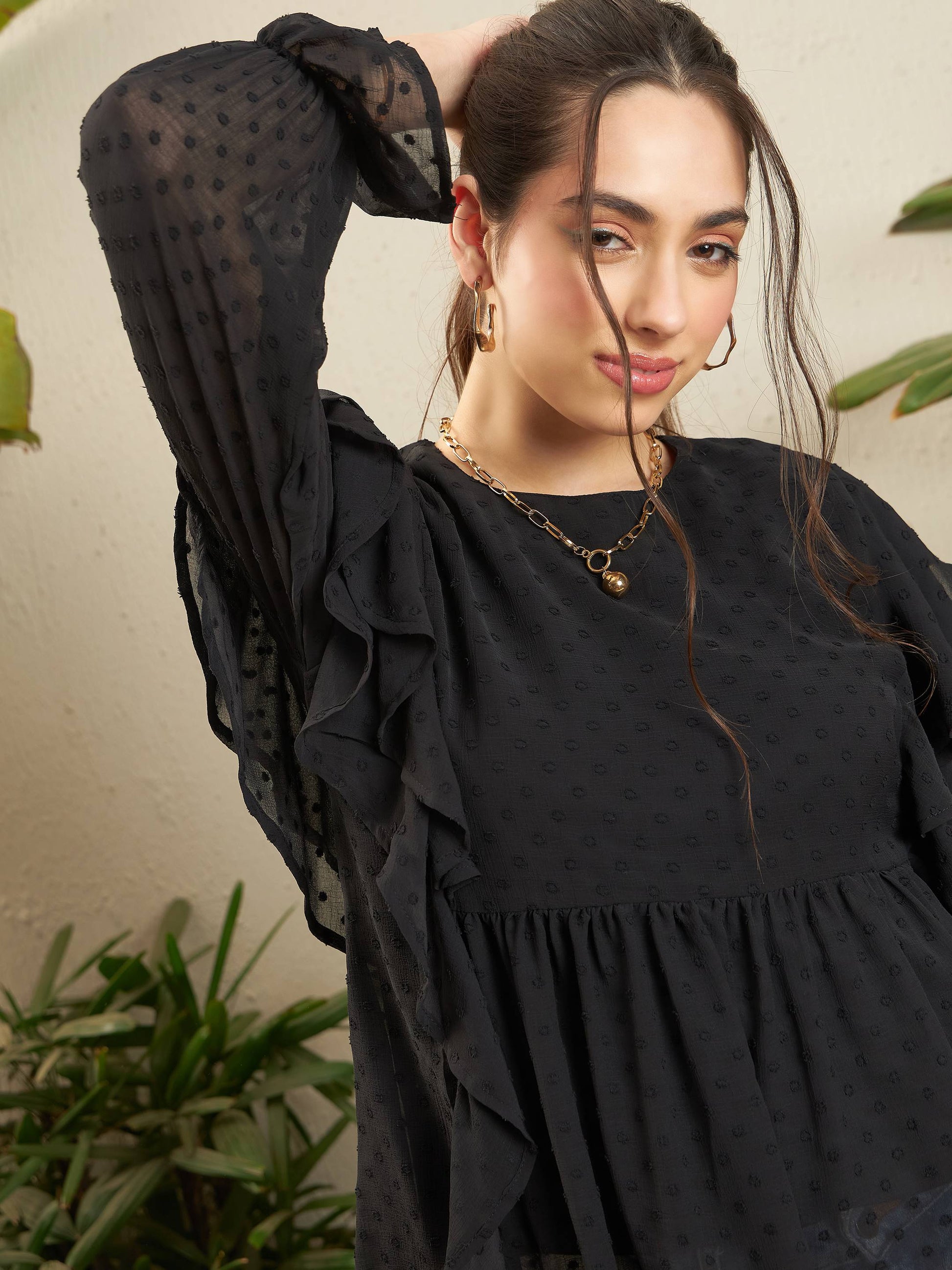Black Dobby Ruffle Top-SASSAFRAS