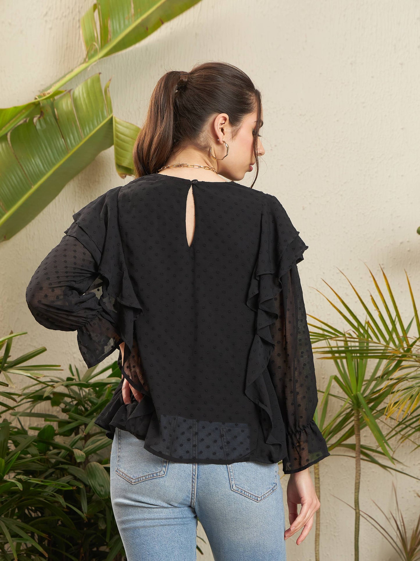 Black Dobby Ruffle Top-SASSAFRAS