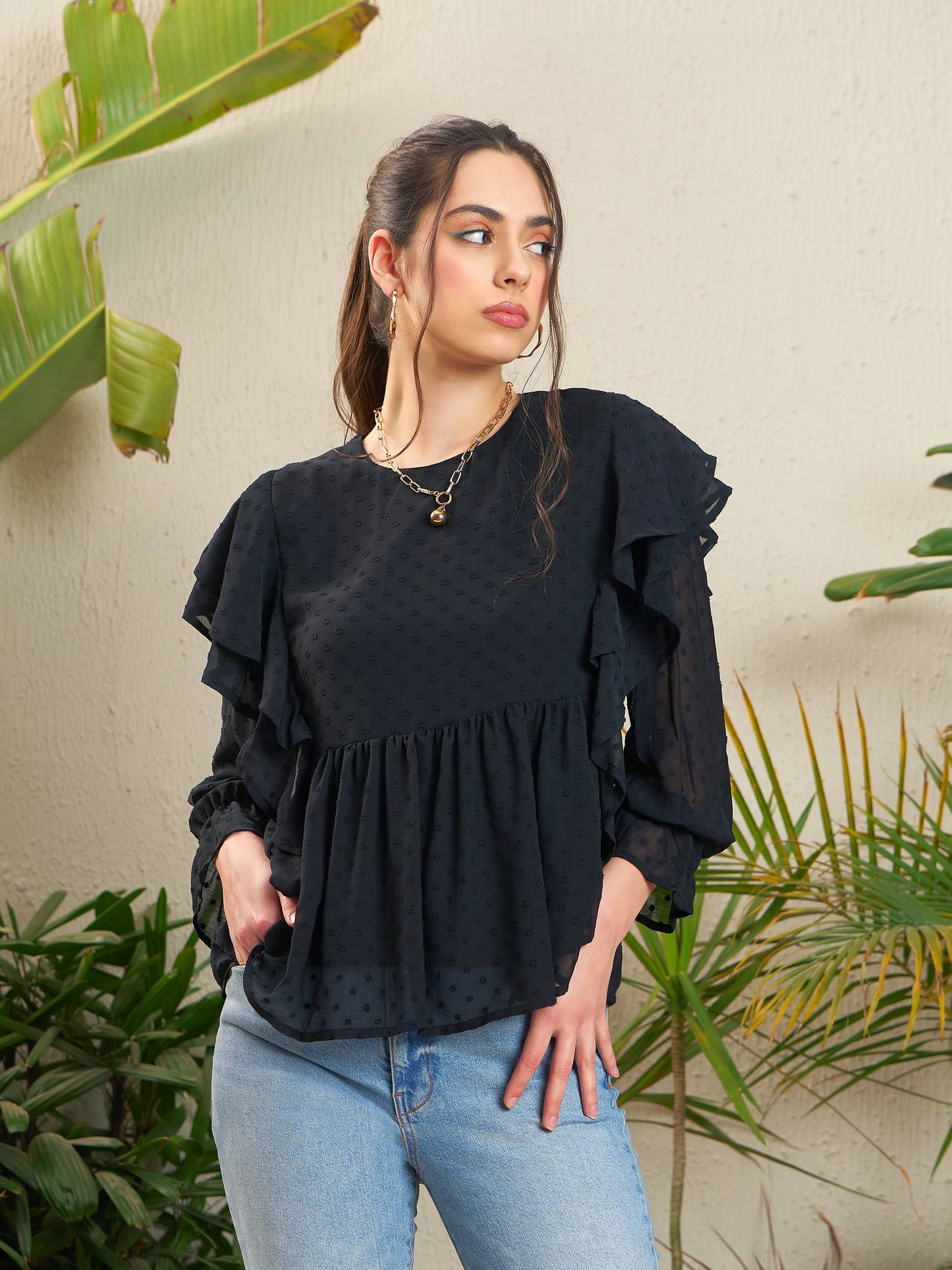 Black Dobby Ruffle Top-SASSAFRAS