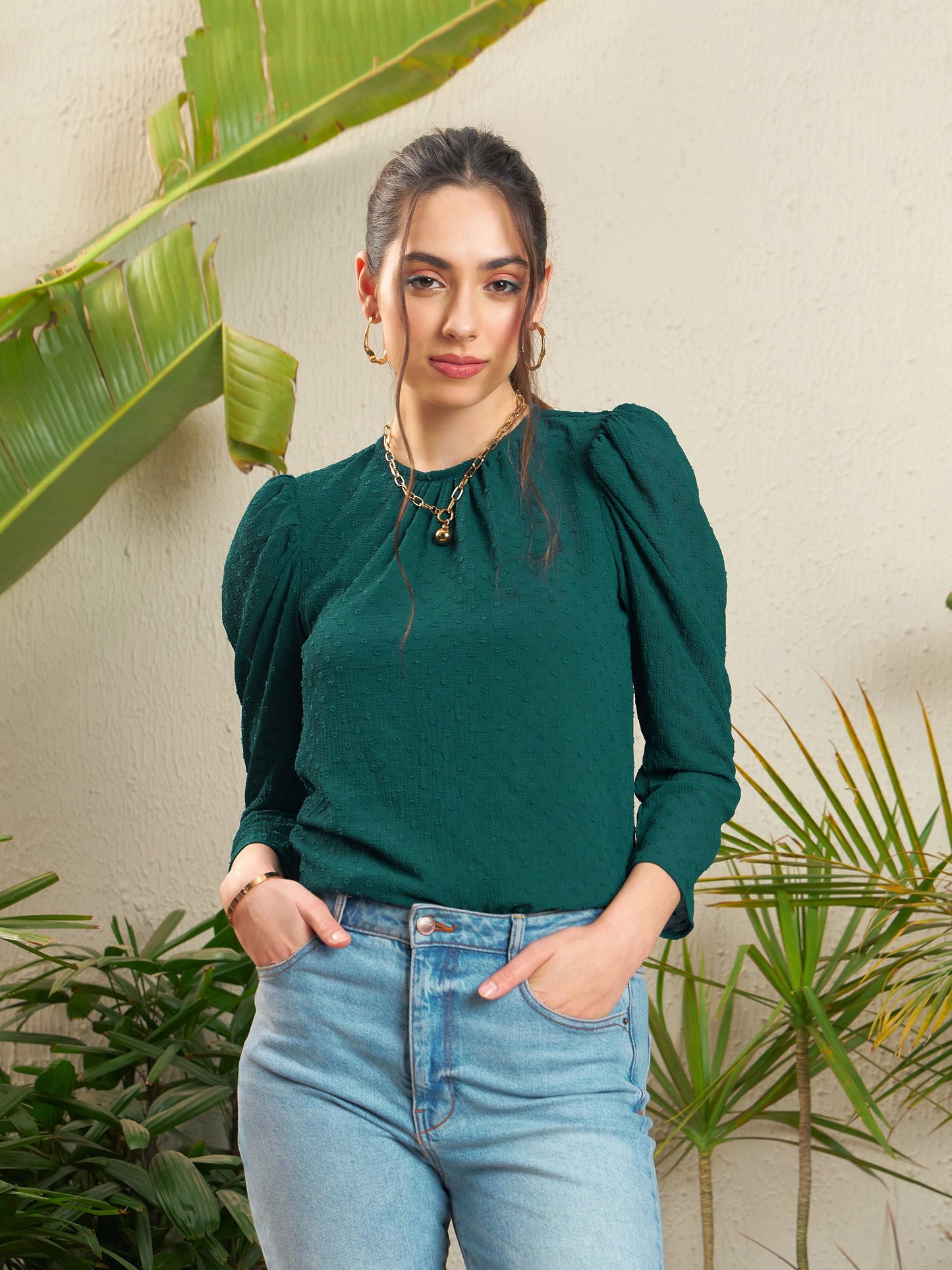 Teal Dobby Puff Sleeves Regular Top-SASSAFRAS