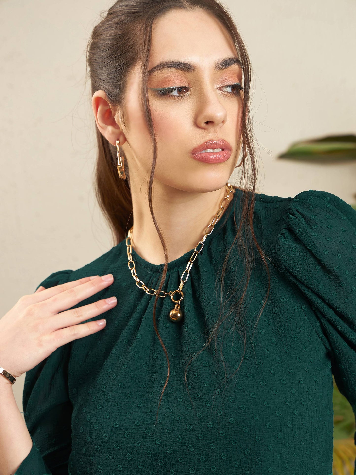 Teal Dobby Puff Sleeves Regular Top-SASSAFRAS