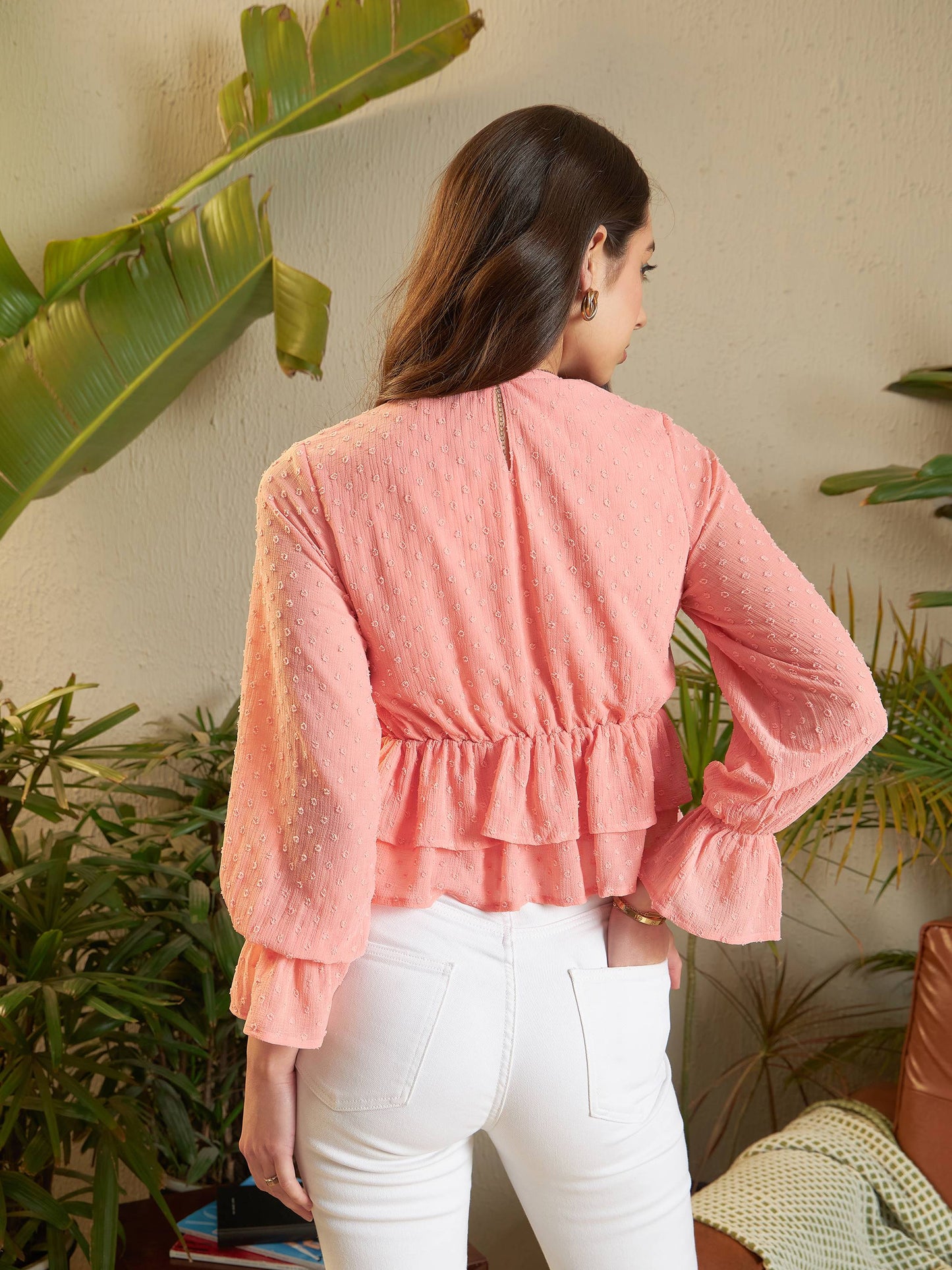 Peach Dobby Layered Hem Peplum Top-SASSAFRAS