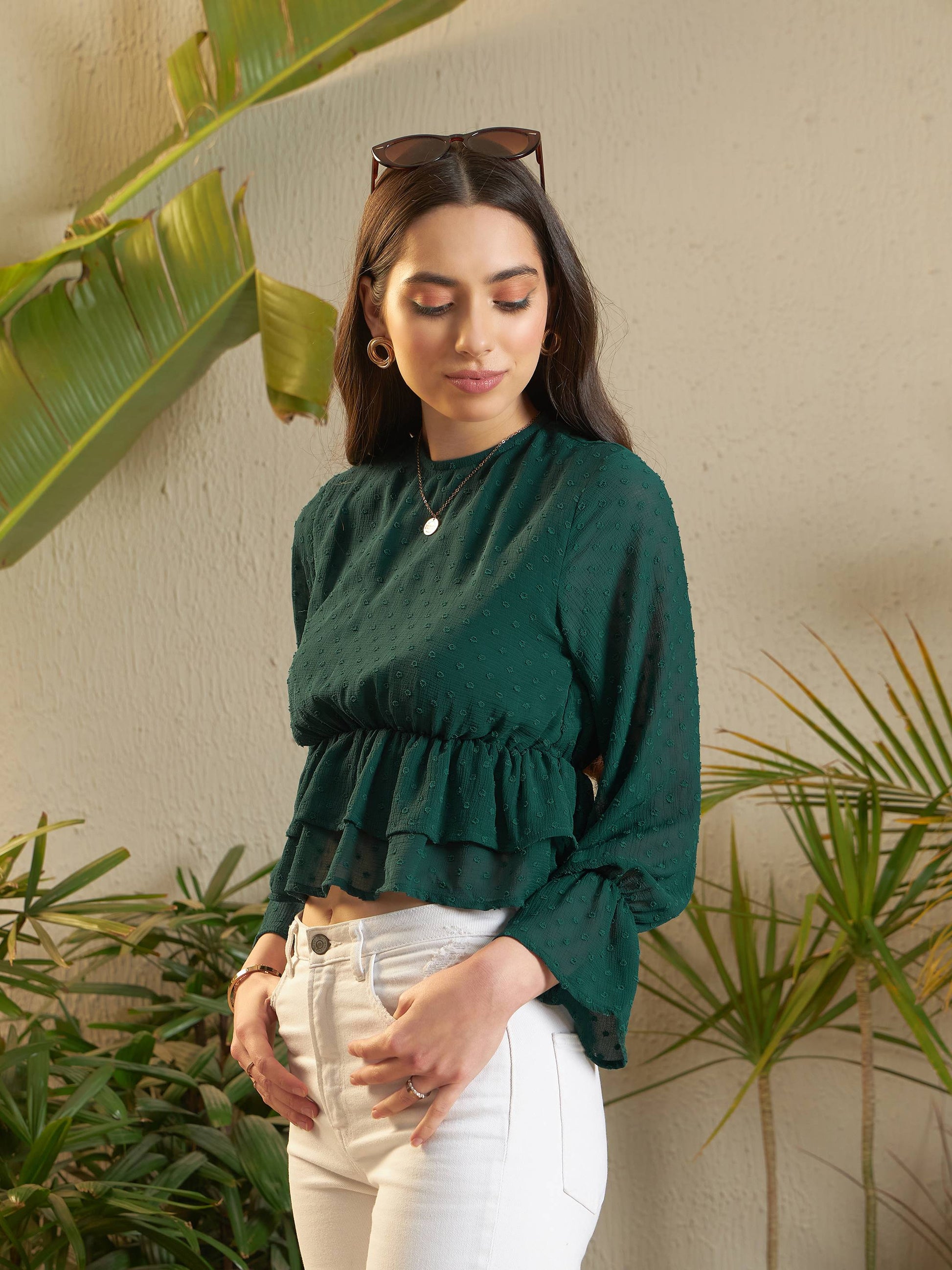 Teal Dobby Layered Hem Peplum Top-SASSAFRAS