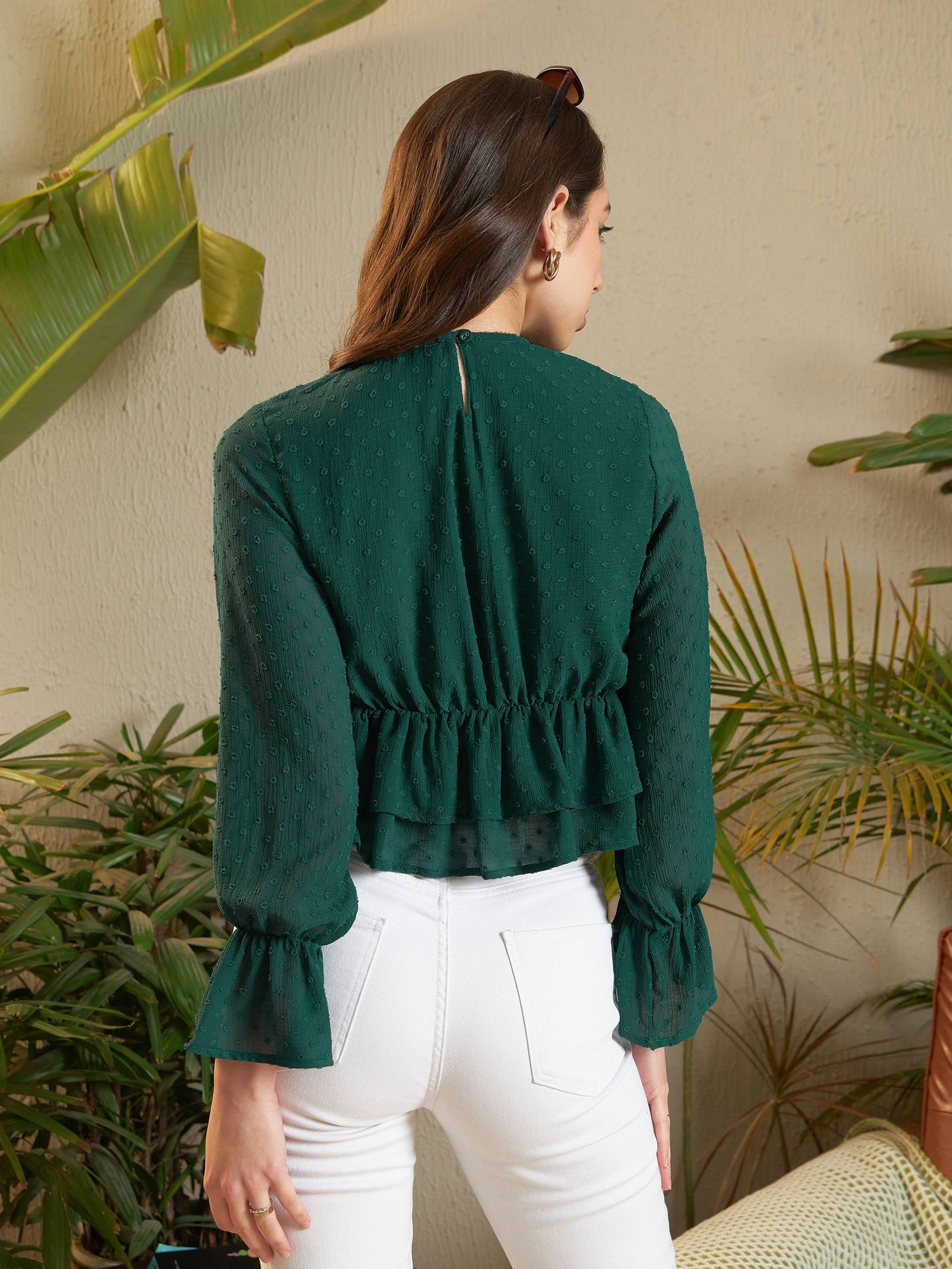 Teal Dobby Layered Hem Peplum Top-SASSAFRAS