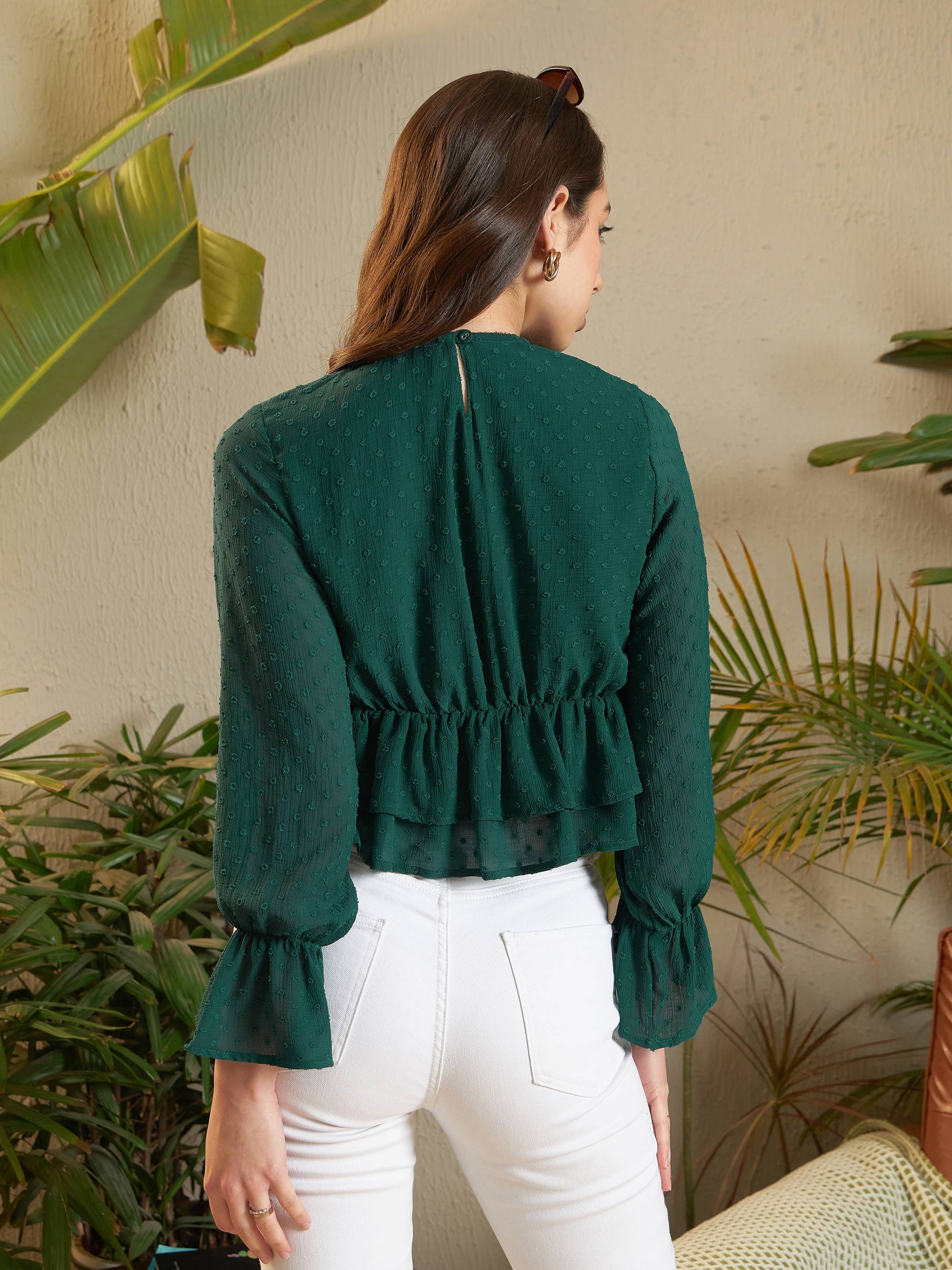 Teal Dobby Layered Hem Peplum Top-SASSAFRAS