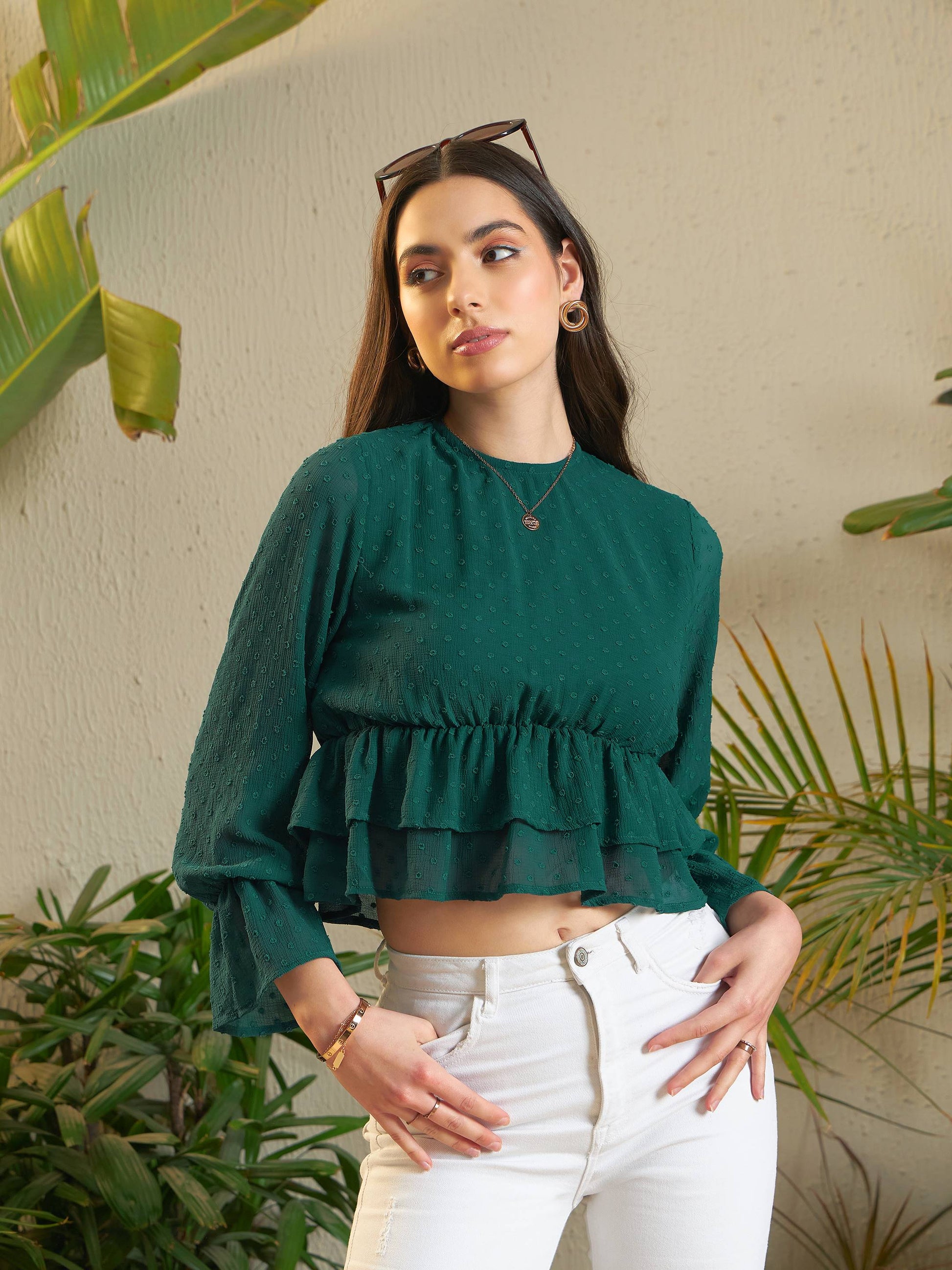 Teal Dobby Layered Hem Peplum Top-SASSAFRAS