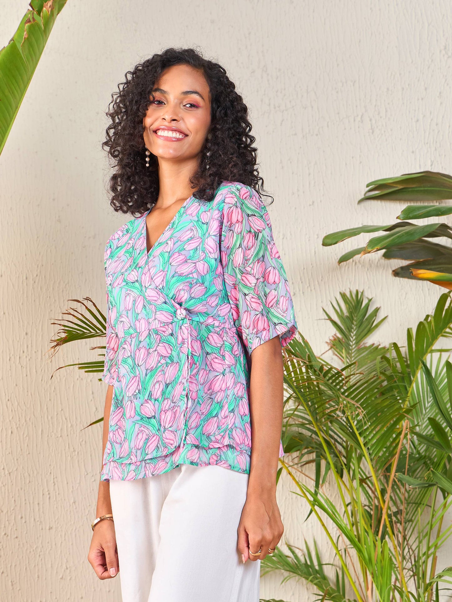 Women Pink Tulip Print Wrap Peplum Top