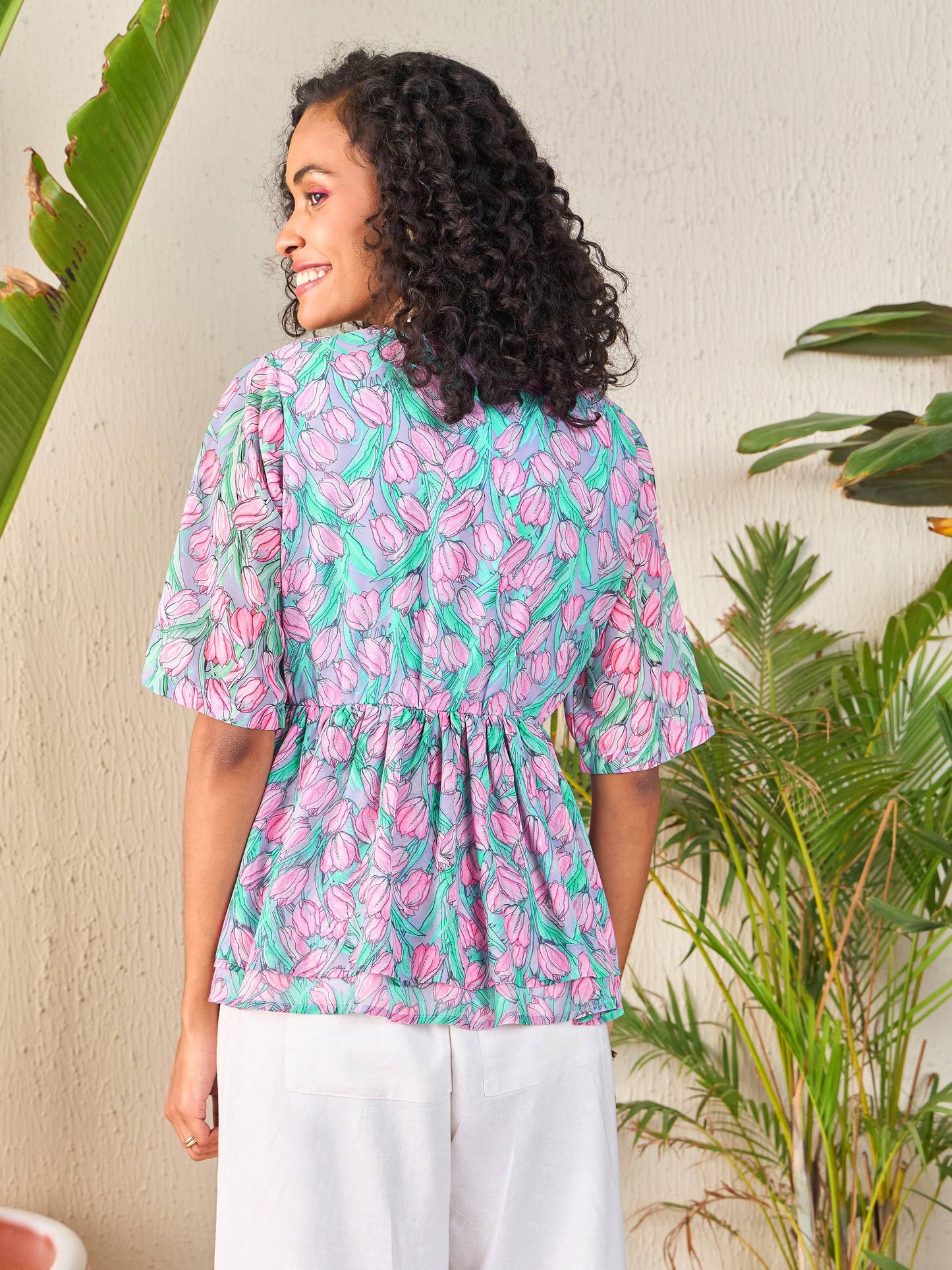Women Pink Tulip Print Wrap Peplum Top