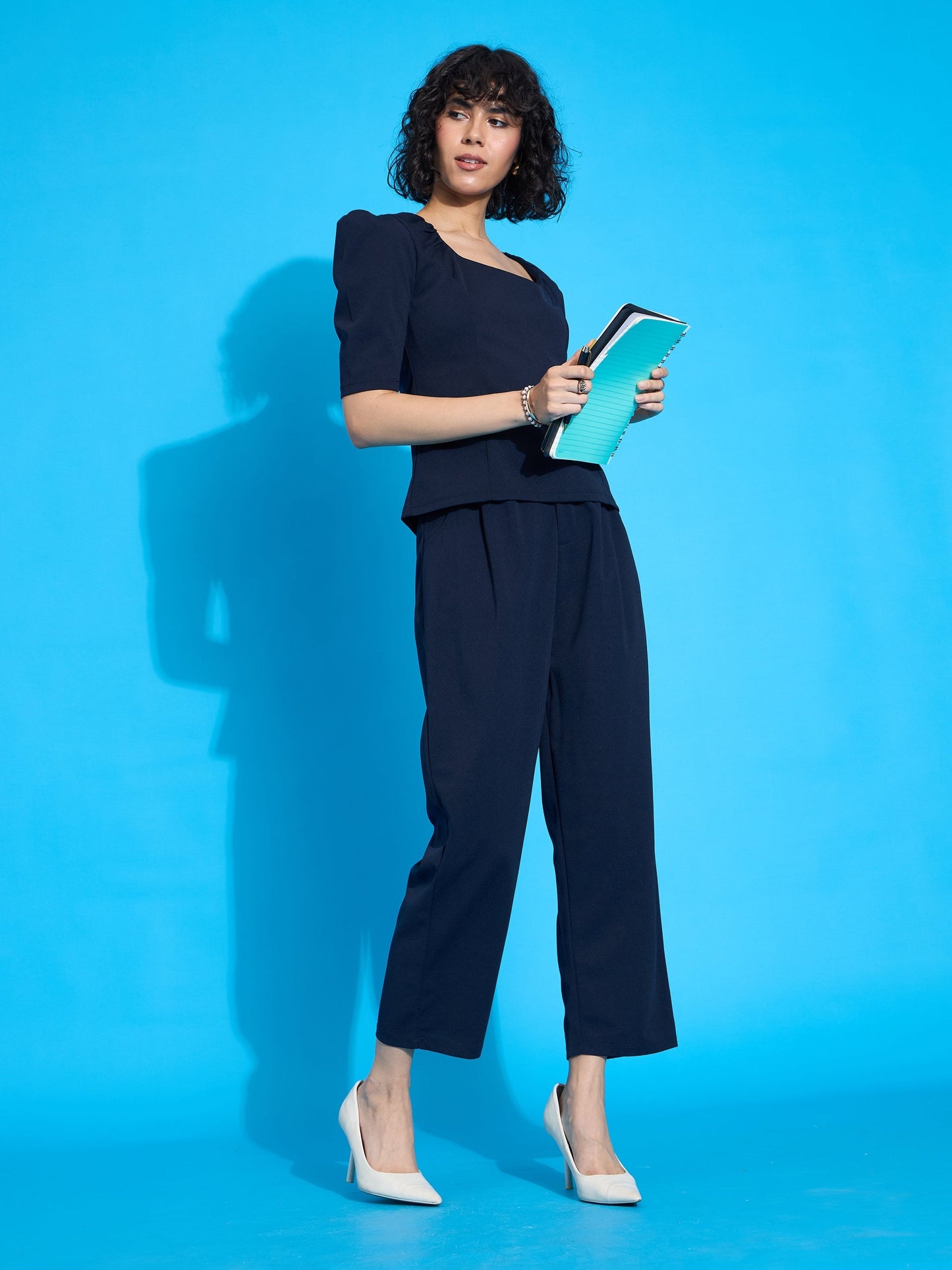 Women Navy Square Neck Puff Sleeve Top