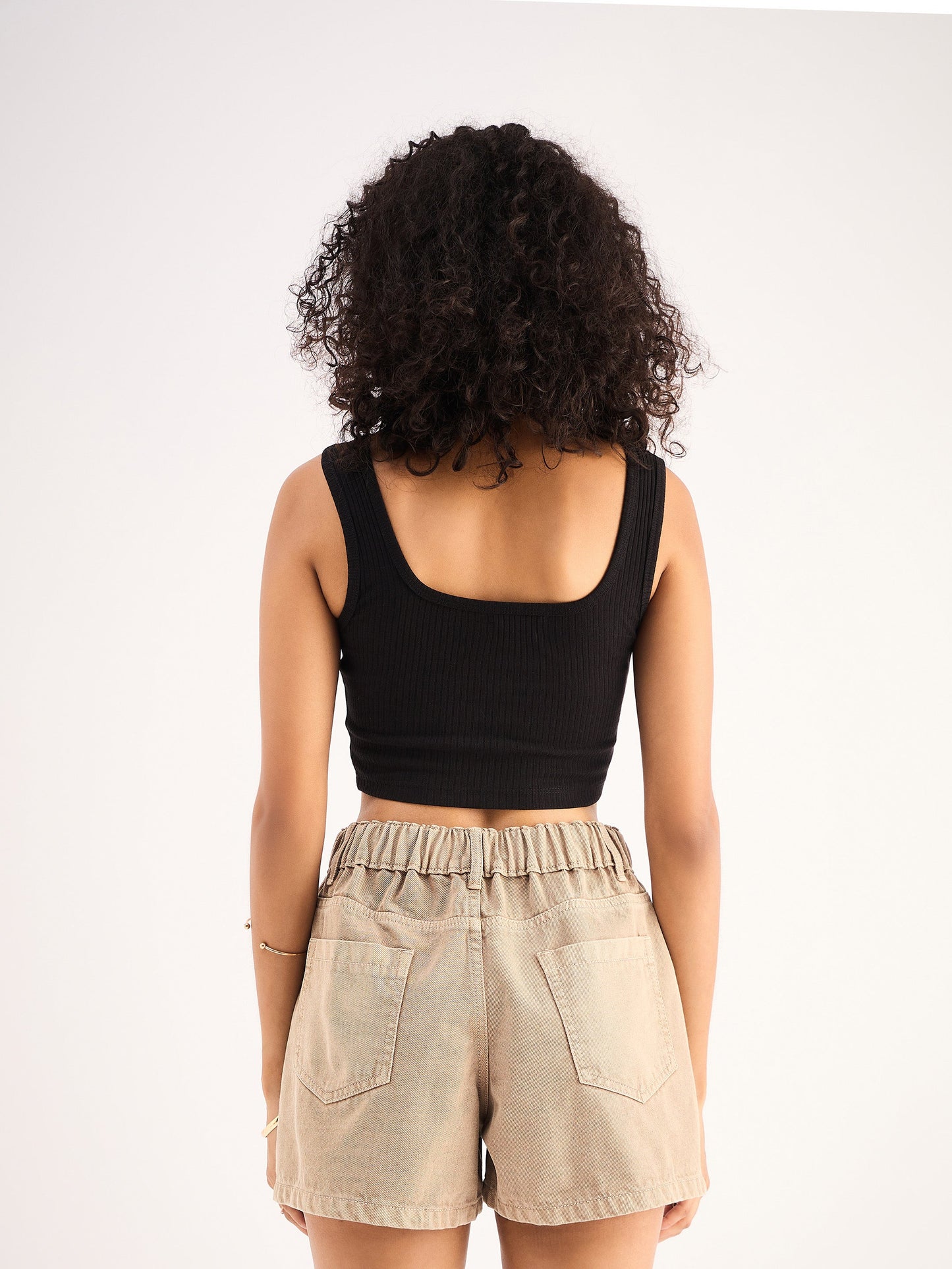 Women Black Rib Square Neck Cropped Tank Top