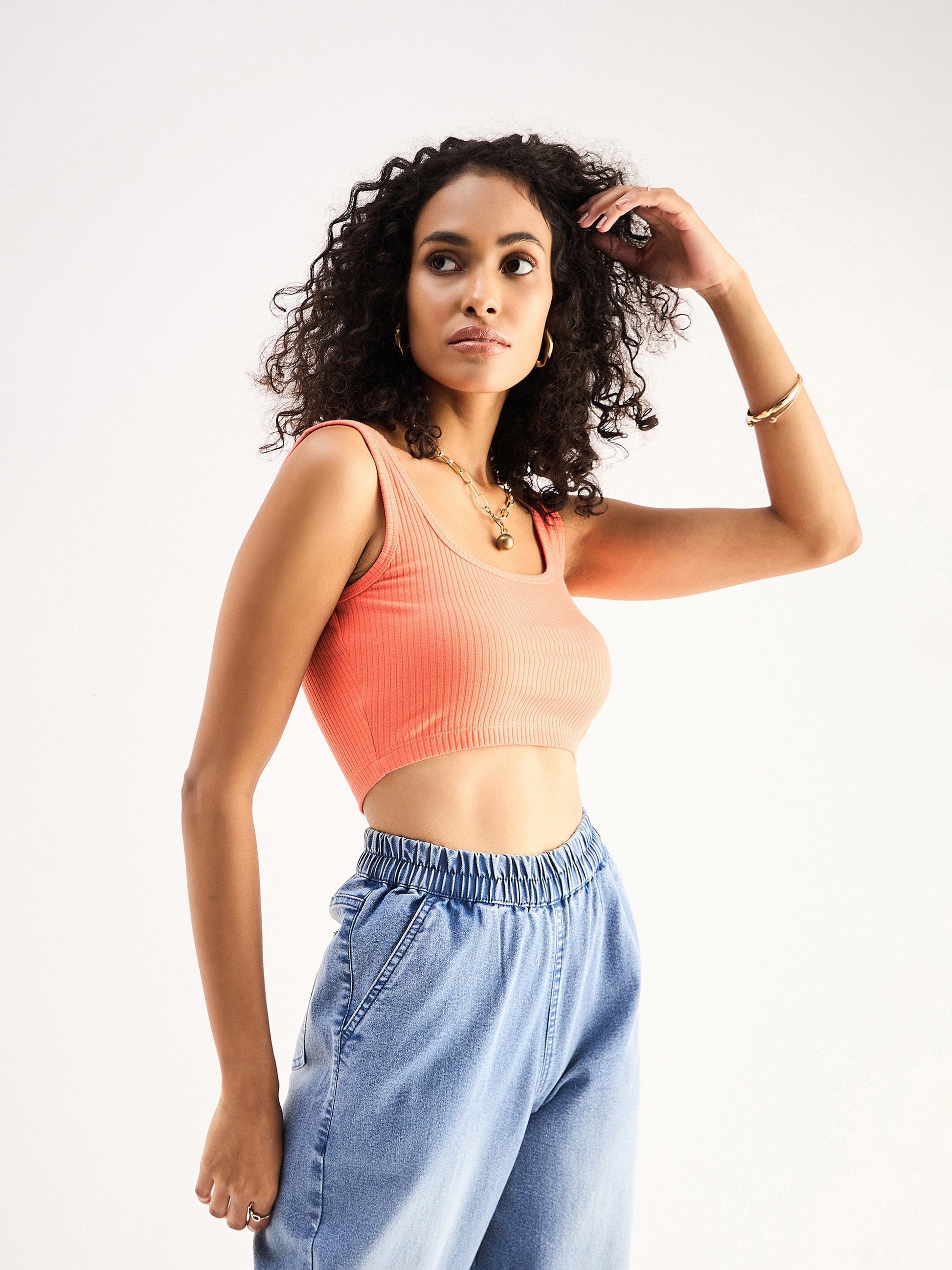 Peach Rib Square Neck Cropped Tank Top-SASSAFRAS BASICS