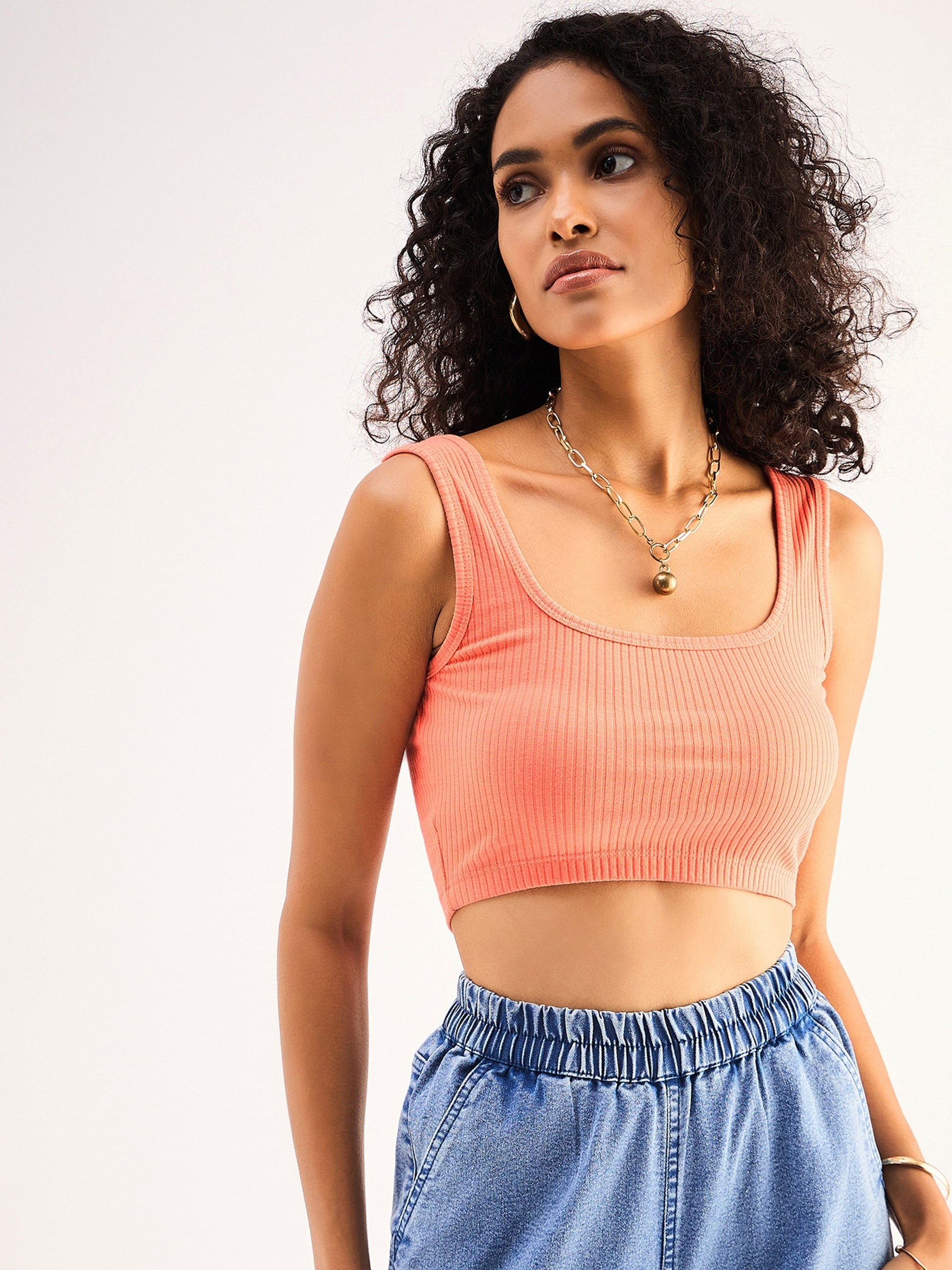 Peach Rib Square Neck Cropped Tank Top-SASSAFRAS BASICS