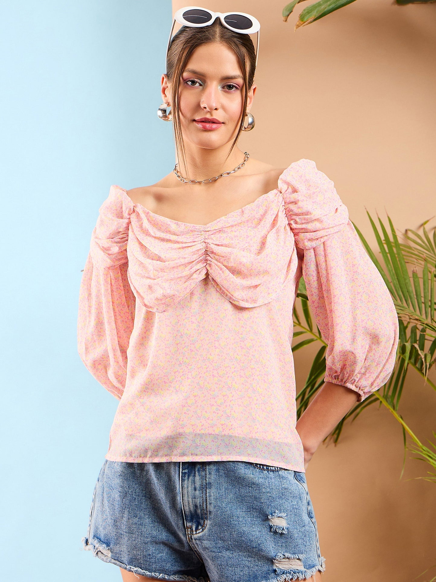 Women Pink Ditsy Floral Rached Cowl Neck Top