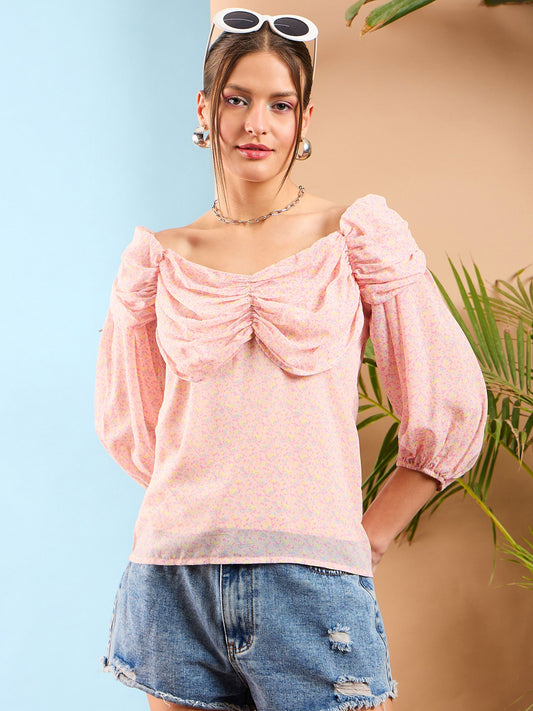 Women Pink Ditsy Floral Rached Cowl Neck Top