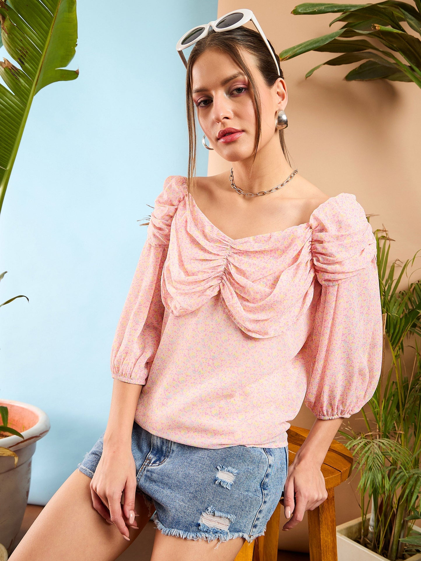 Women Pink Ditsy Floral Rached Cowl Neck Top