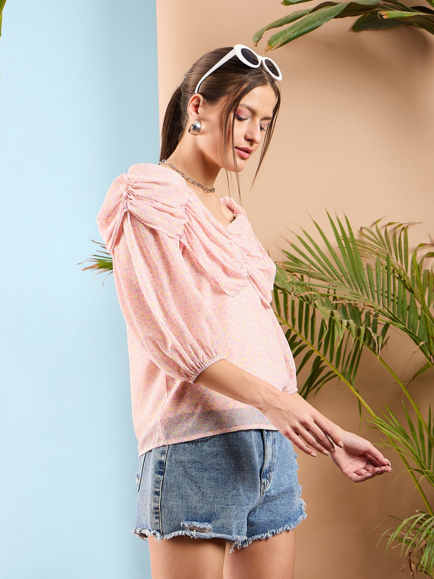 Women Pink Ditsy Floral Rached Cowl Neck Top