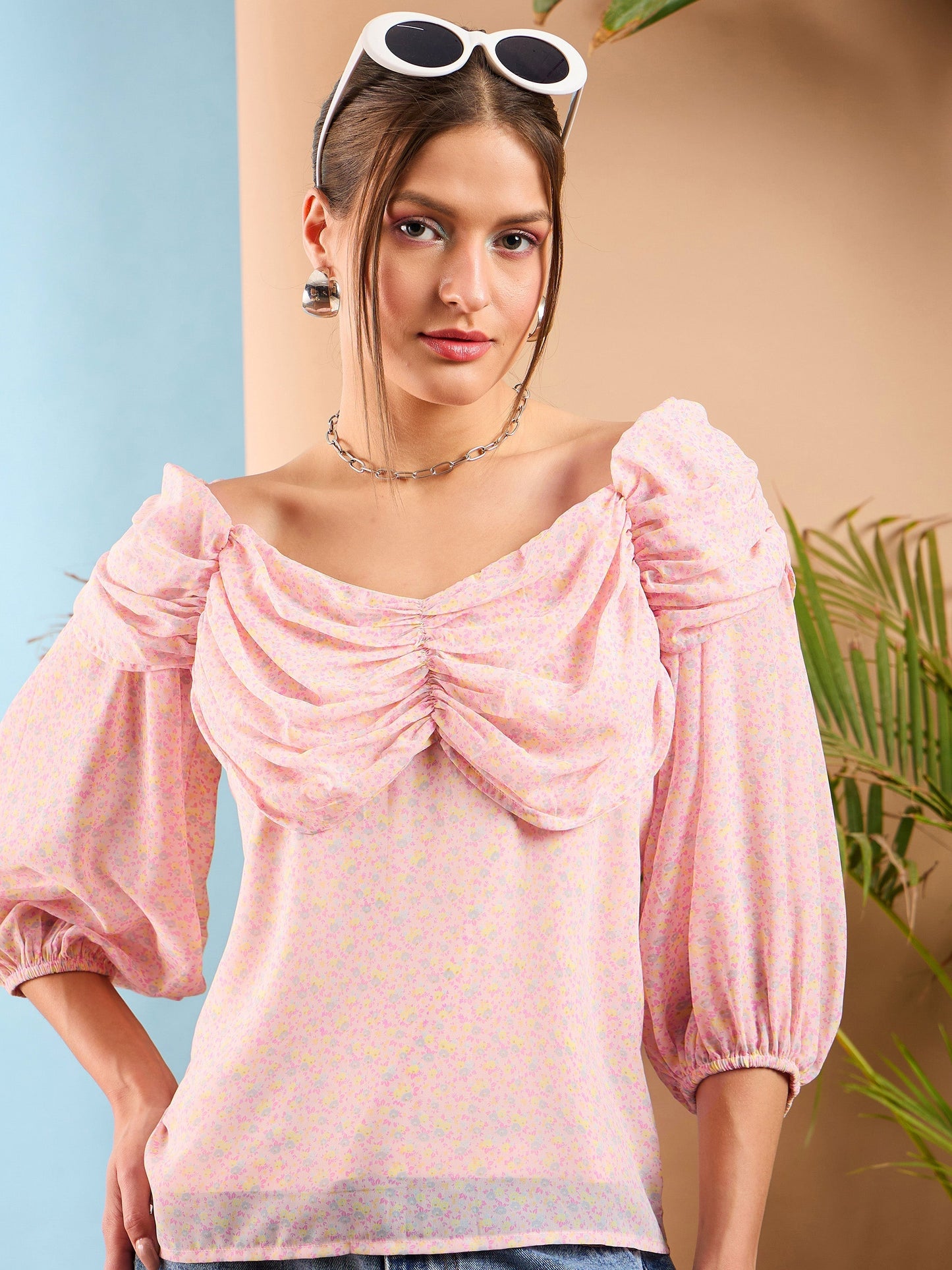 Women Pink Ditsy Floral Rached Cowl Neck Top