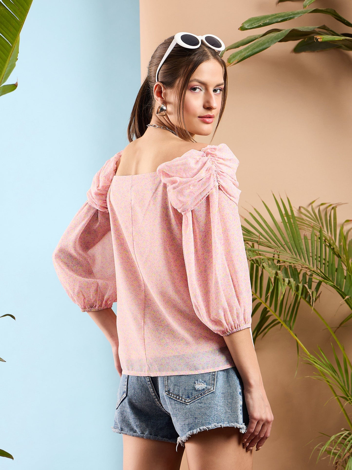 Women Pink Ditsy Floral Rached Cowl Neck Top