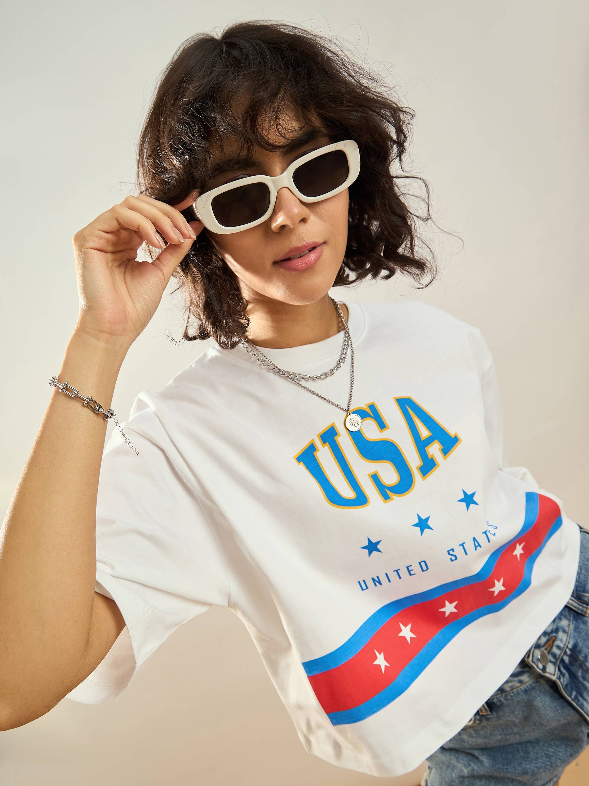 White USA Printed Crop T-shirt-SASSAFRAS