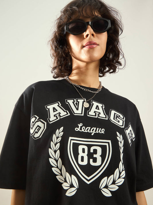 Women Black Savage Printed Crop T-Shirt