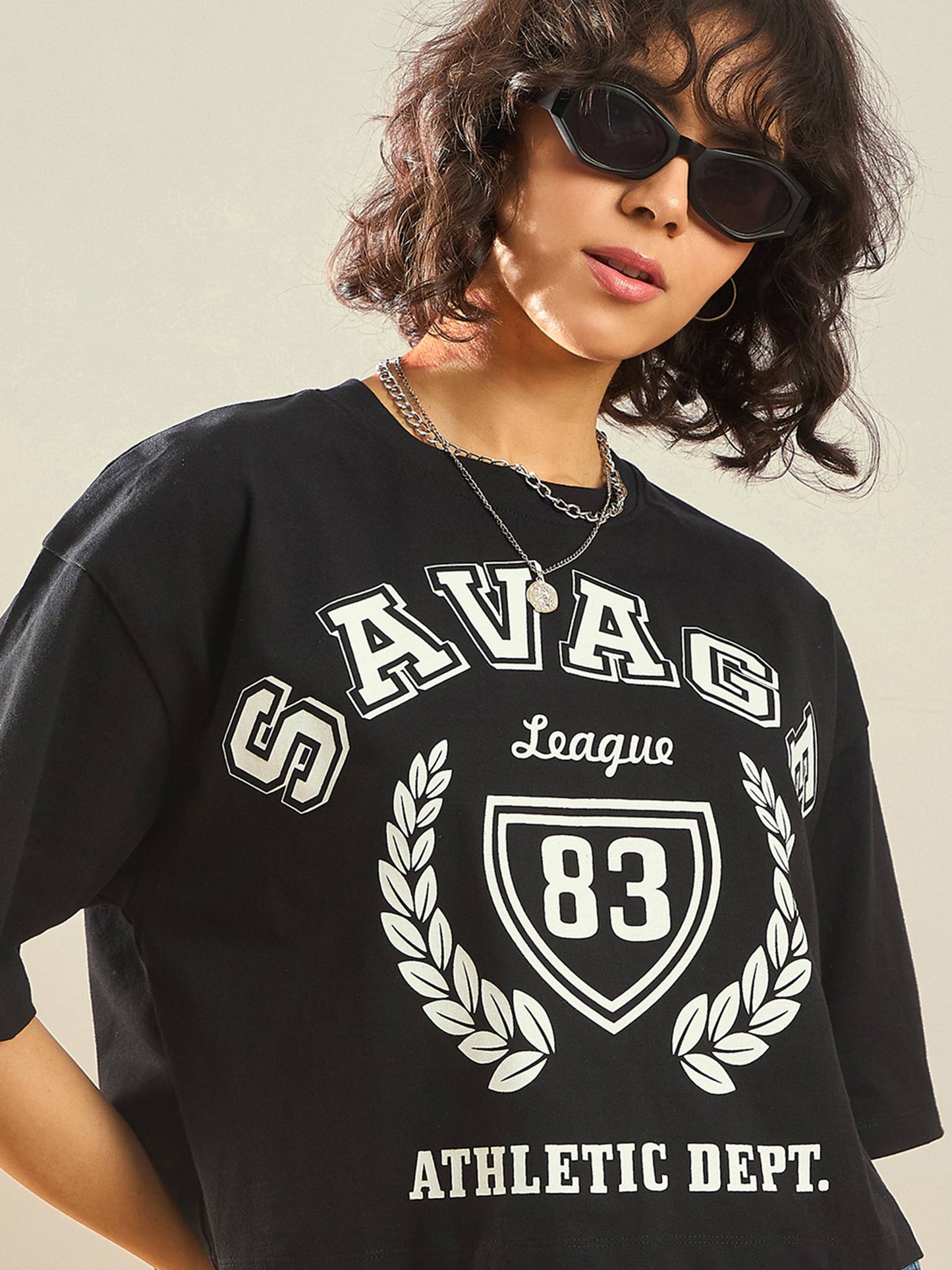 Women Black Savage Printed Crop T-Shirt