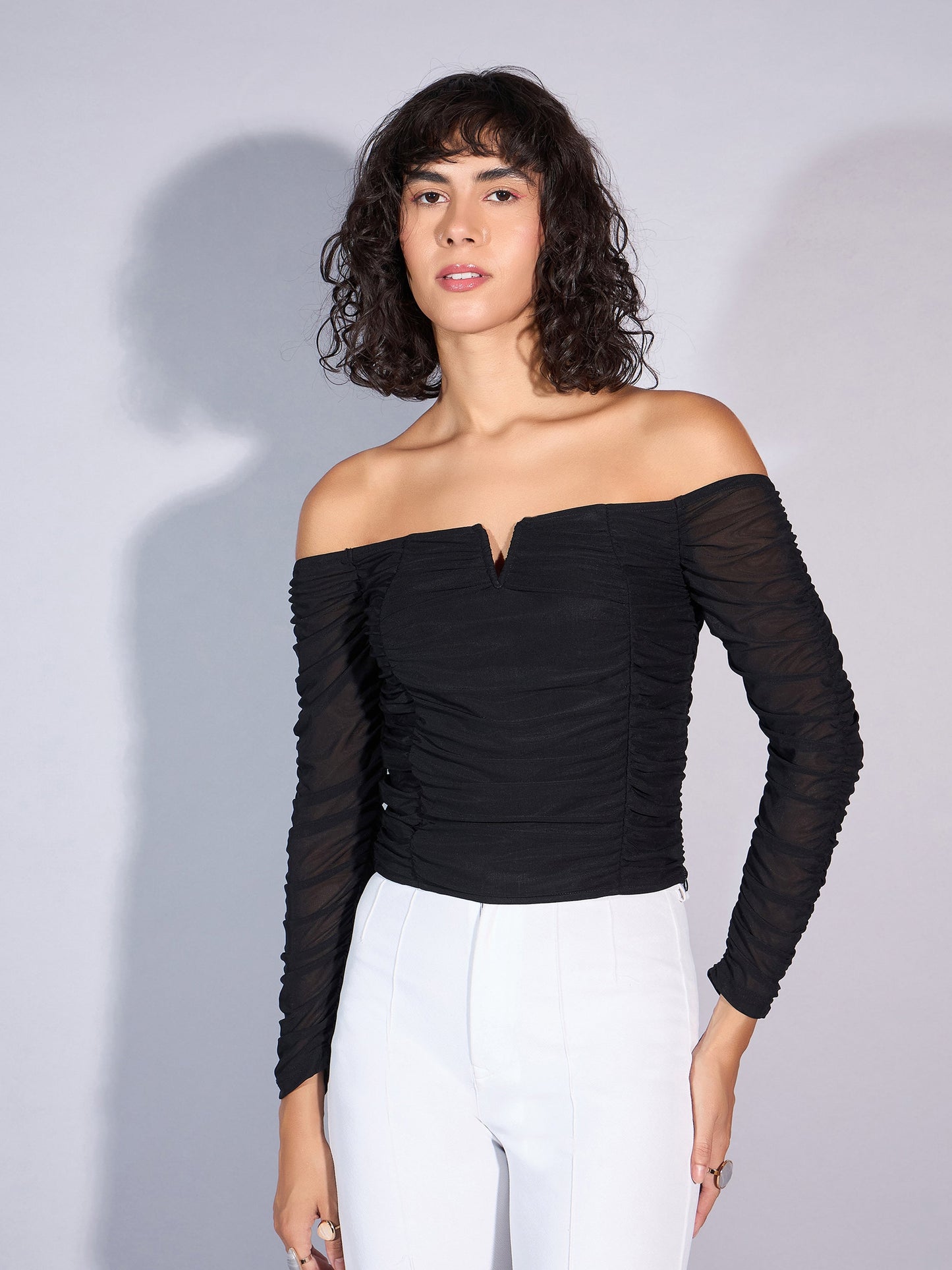 Women Black V Neck Rached Top