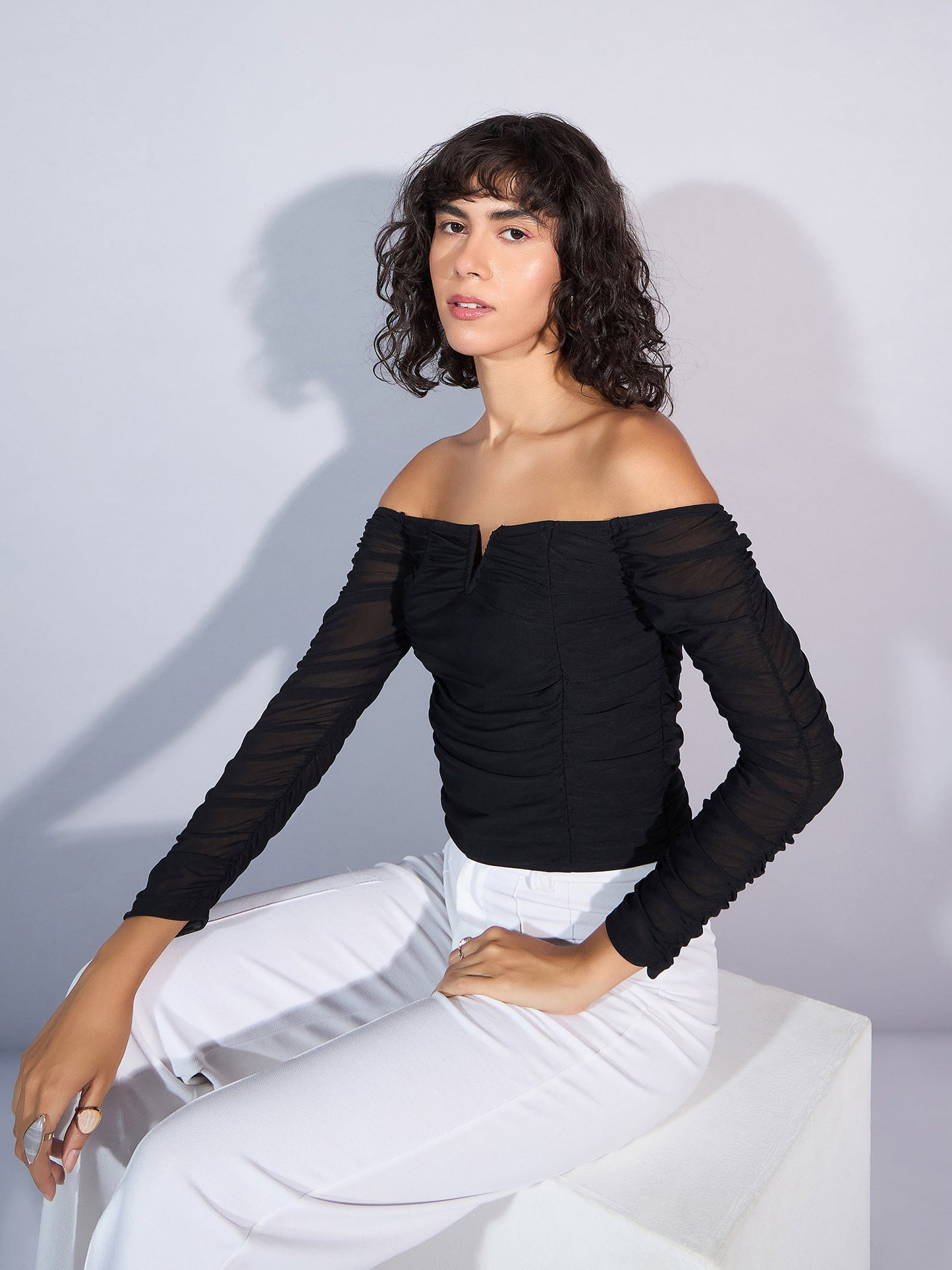 Women Black V Neck Rached Top