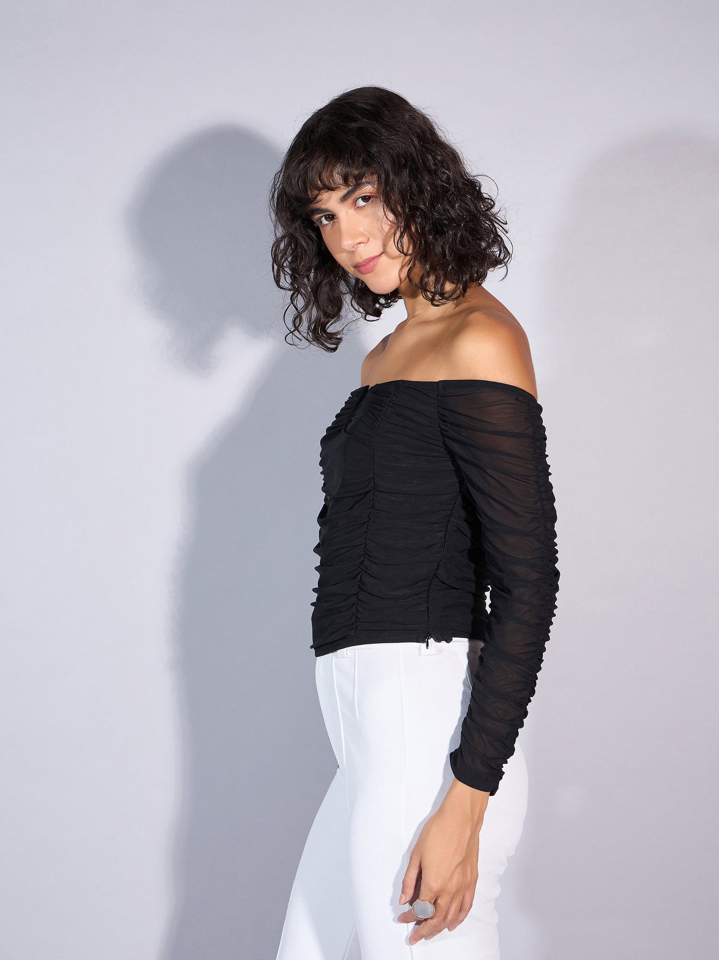 Women Black V Neck Rached Top