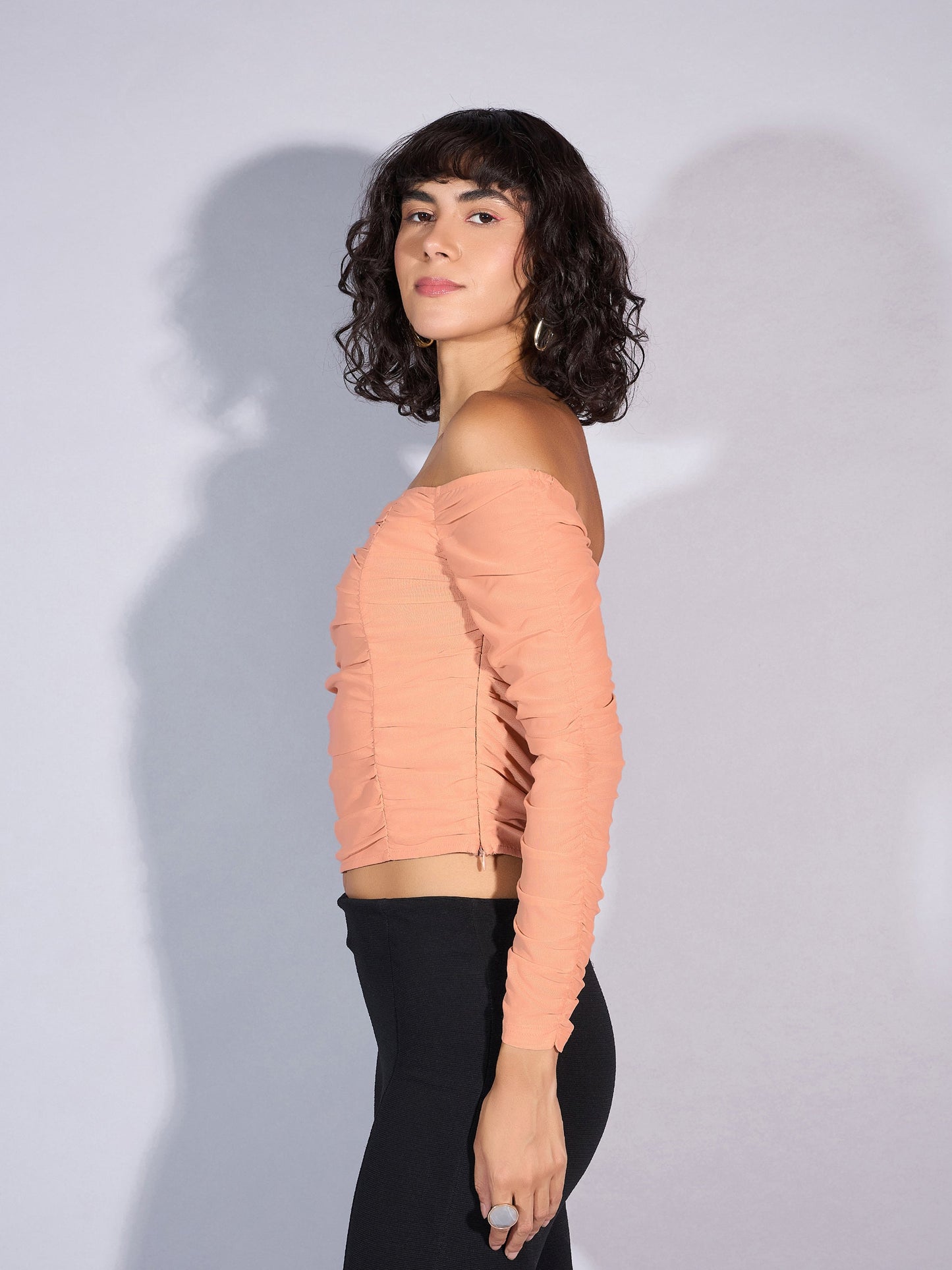 Women Beige V Neck Rached Top