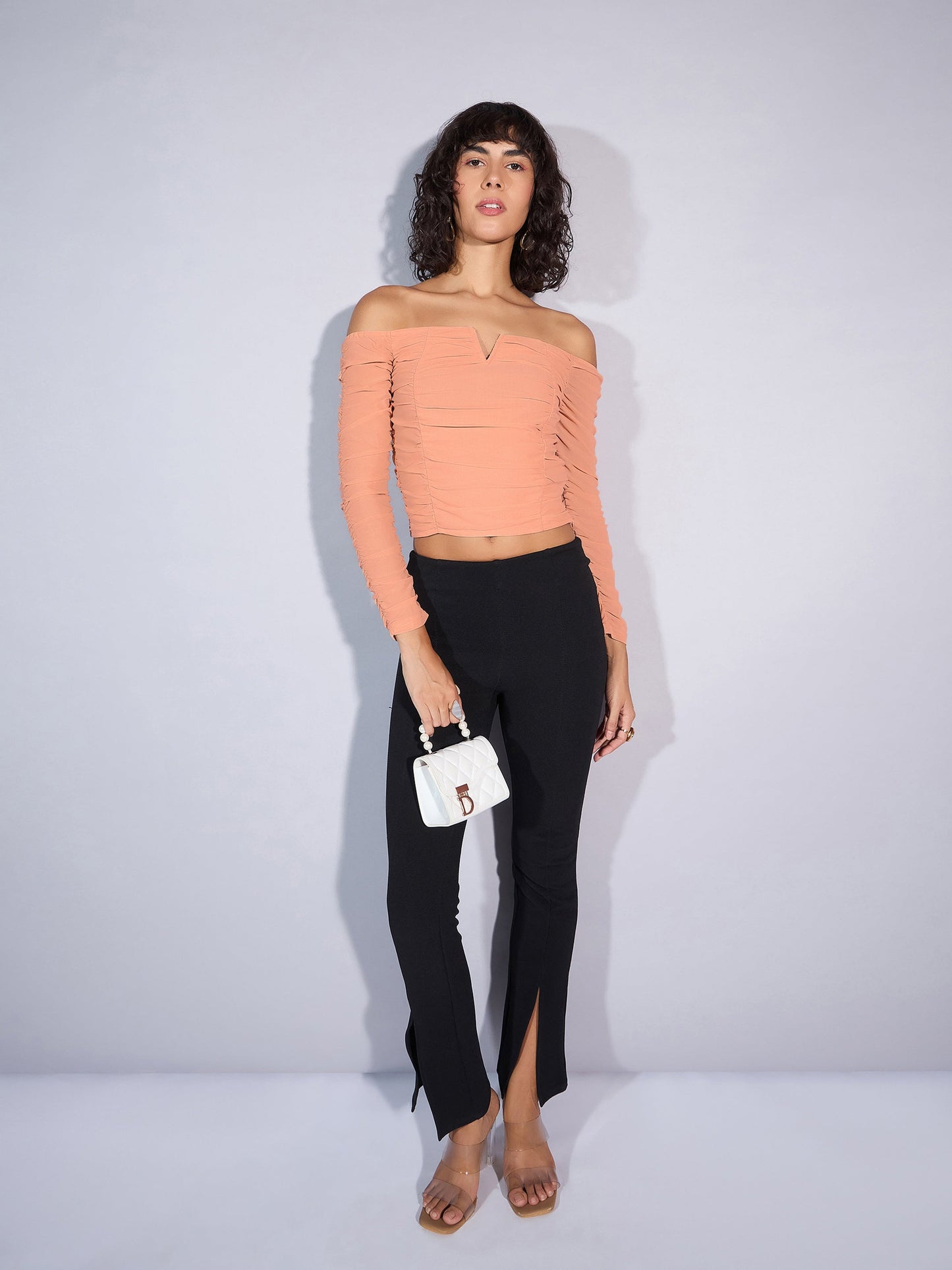 Women Beige V Neck Rached Top