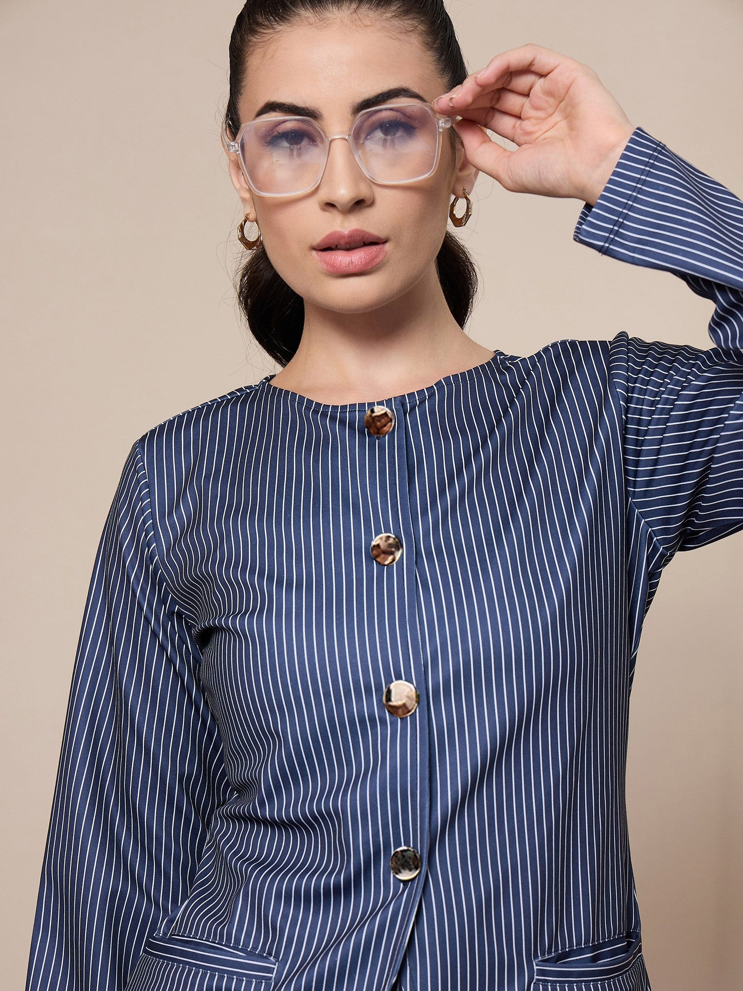 Women Navy Striped Round Neck Full Sleeve Top With Straight Trousers