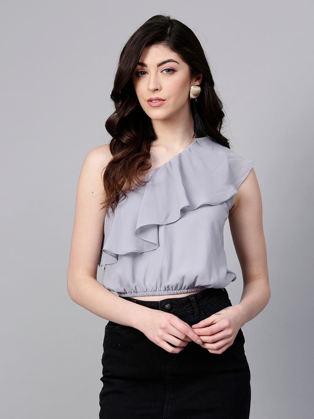 Grey One Shoulder Crop Top-Tops-SASSAFRAS