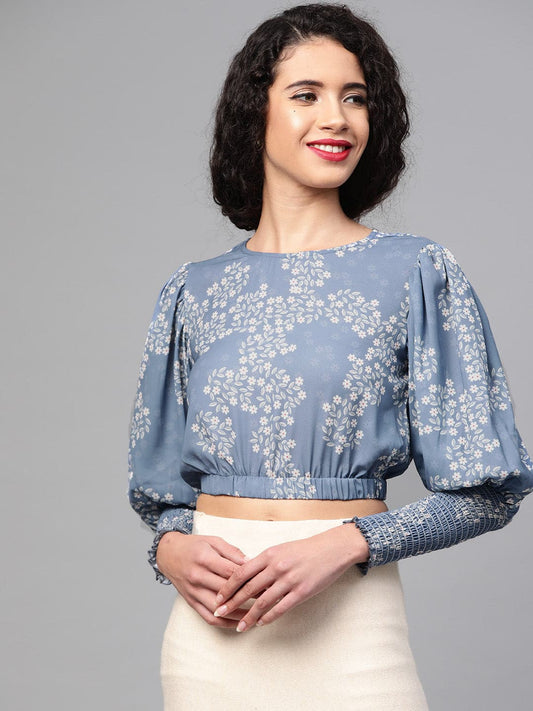 Dark Blue Floral Smocking Sleeve Crop Top-Tops-SASSAFRAS