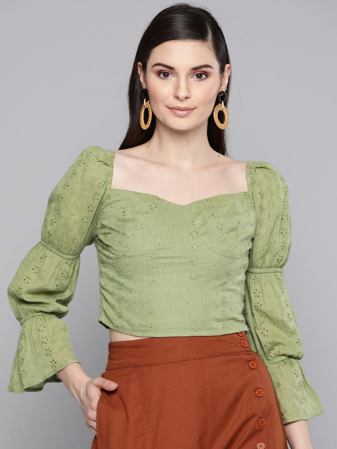 Olive Schiffli Bishop Sleeve Crop Top