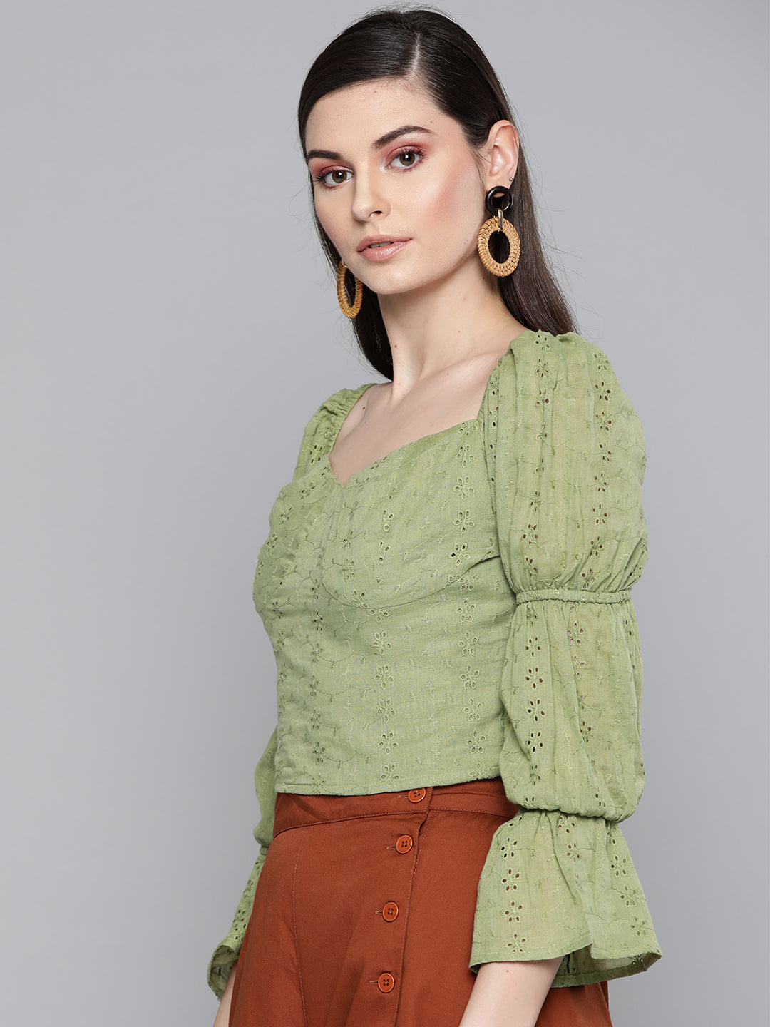 Olive Schiffli Bishop Sleeve Crop Top