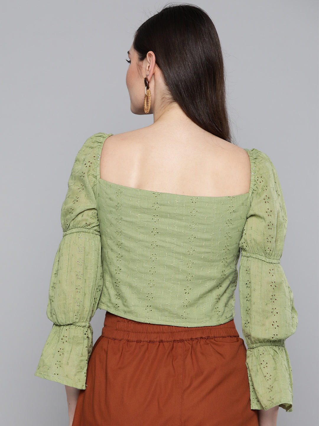 Olive Schiffli Bishop Sleeve Crop Top
