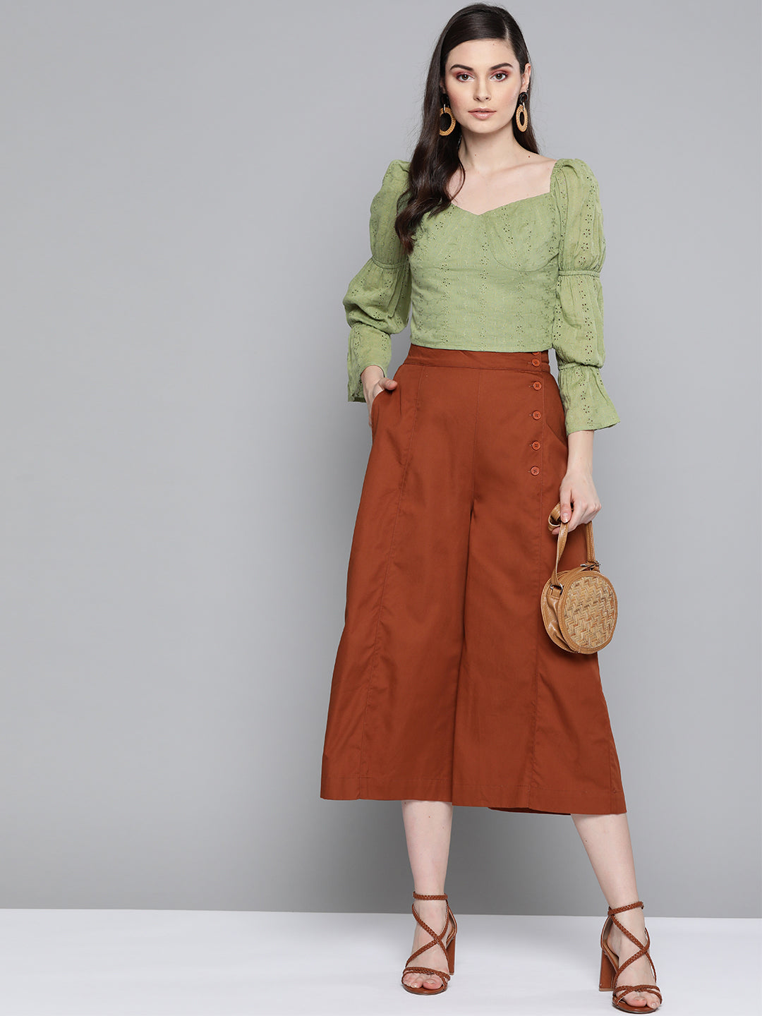 Olive Schiffli Bishop Sleeve Crop Top