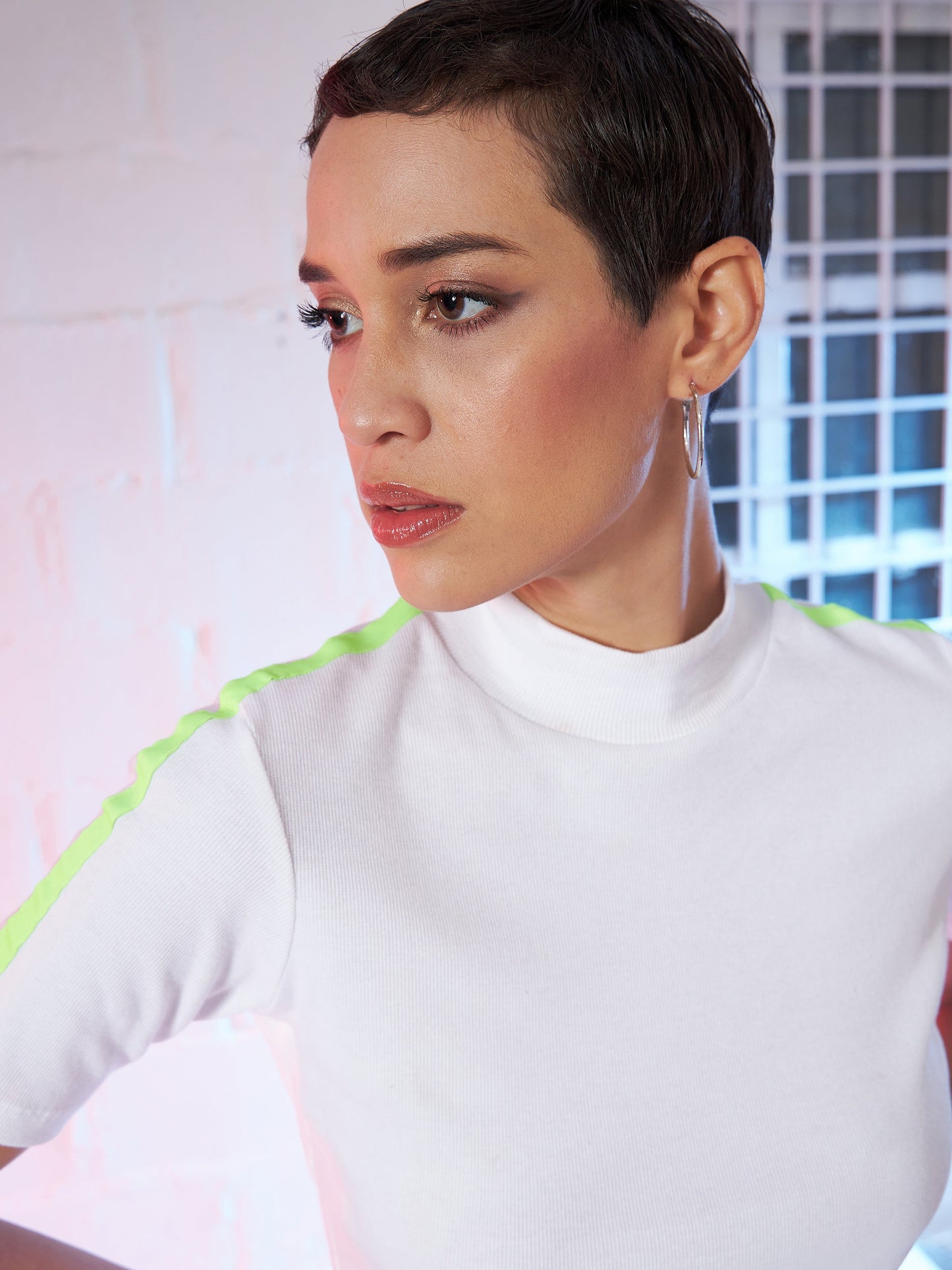 White Rib High Neck Shoulder Tape Top