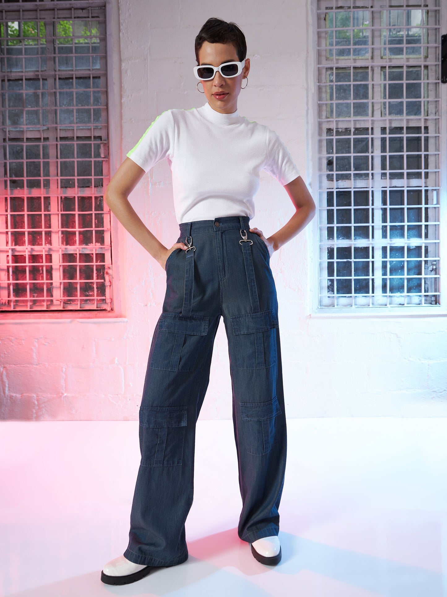White Rib High Neck Shoulder Tape Top