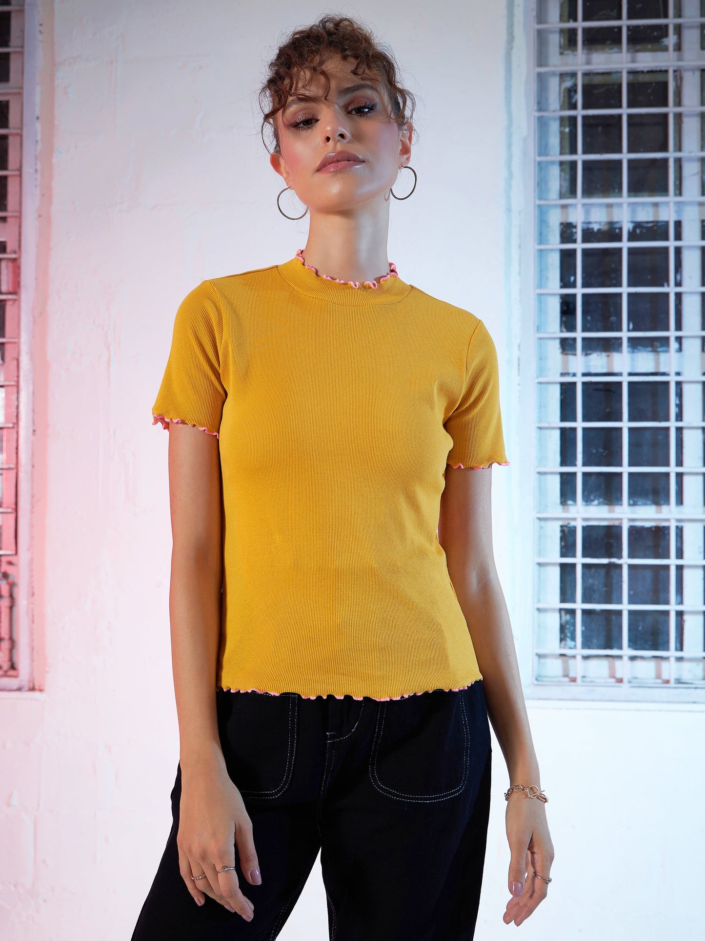 Mustard Rib Contrast Stitch High Neck Top