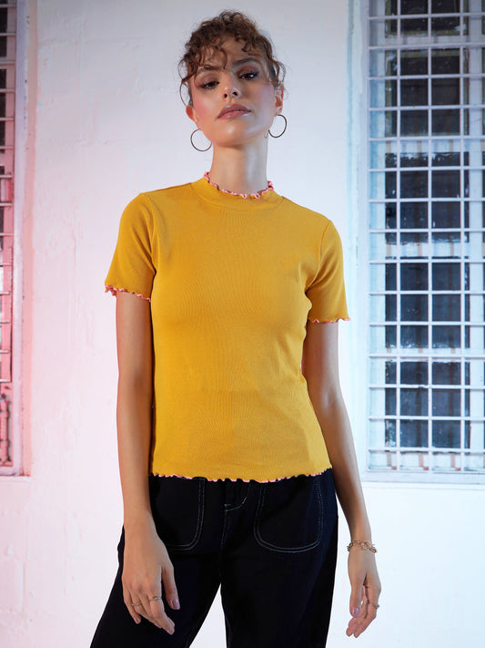 Mustard Rib Contrast Stitch High Neck Top