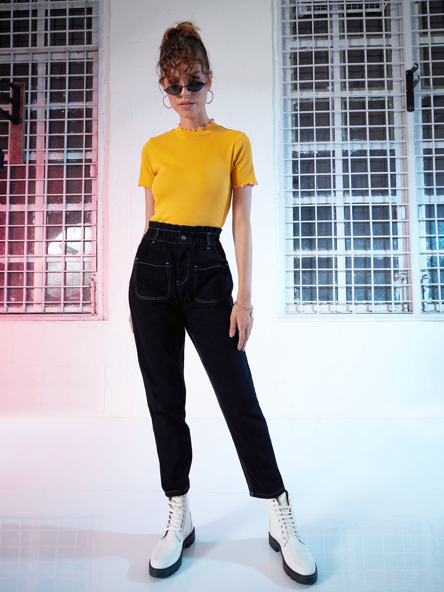 Mustard Rib Contrast Stitch High Neck Top