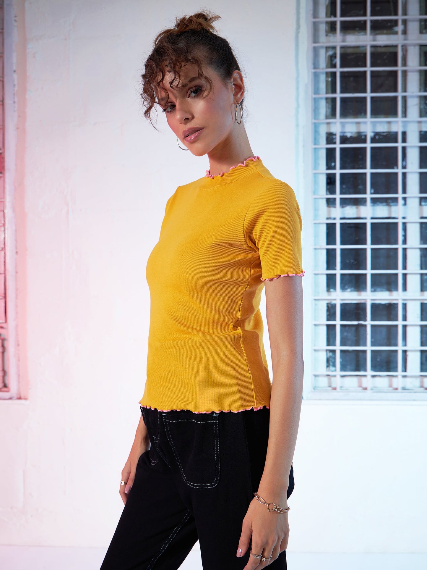 Mustard Rib Contrast Stitch High Neck Top
