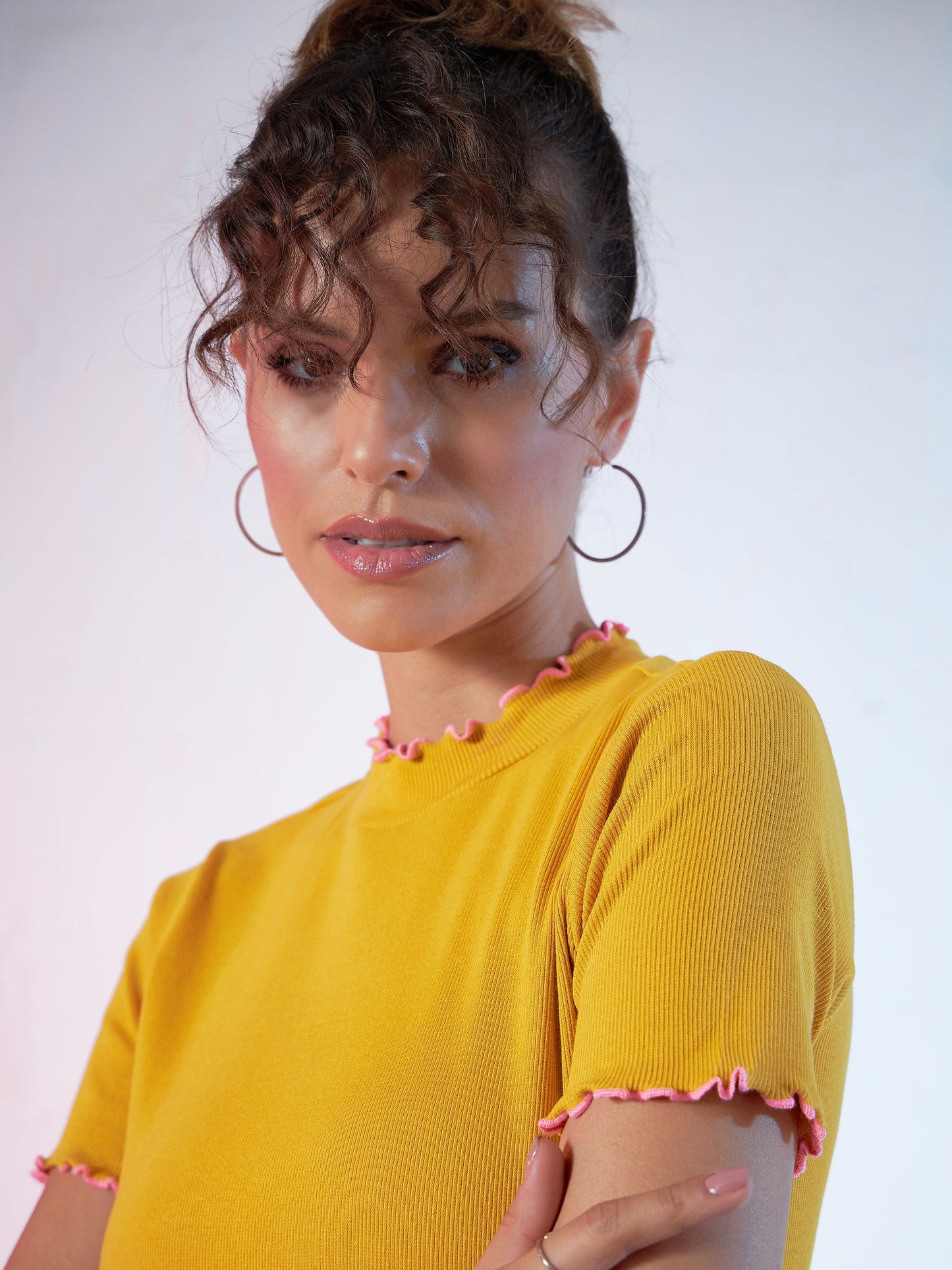 Mustard Rib Contrast Stitch High Neck Top