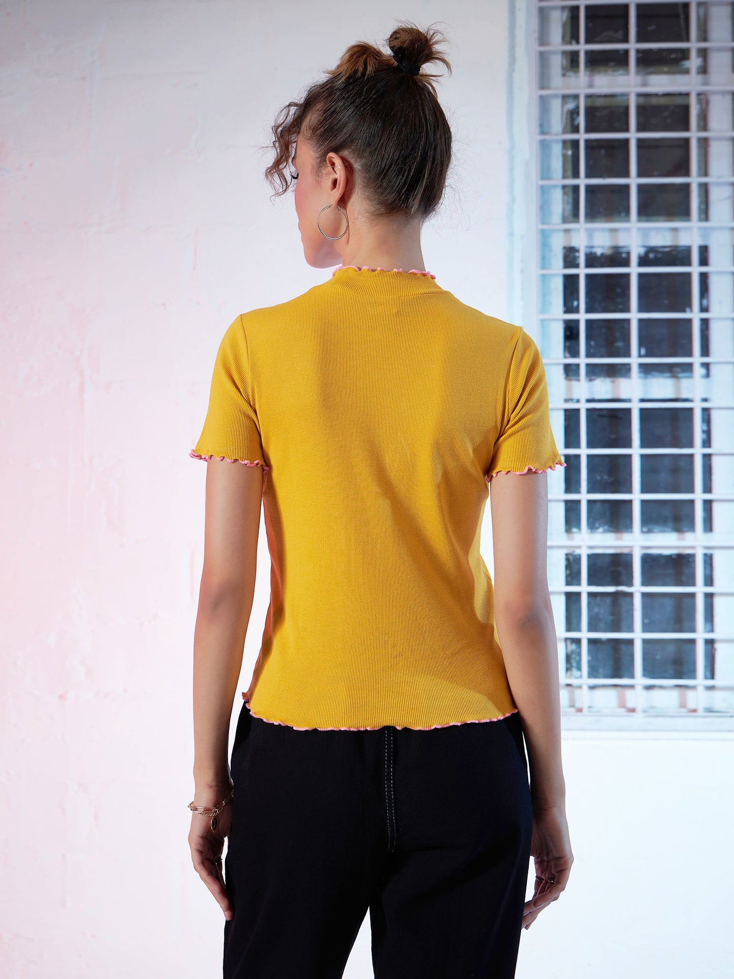 Mustard Rib Contrast Stitch High Neck Top