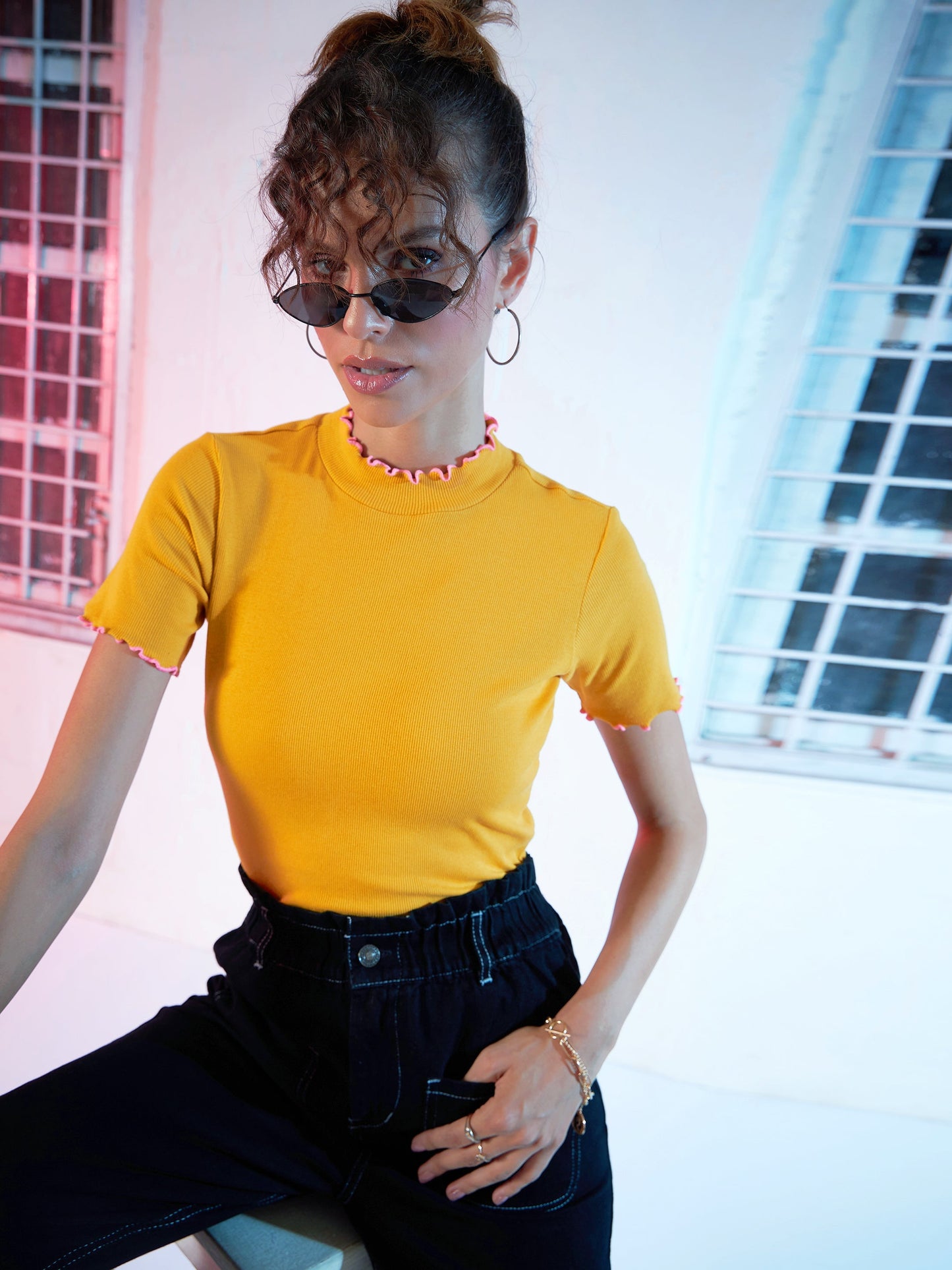 Mustard Rib Contrast Stitch High Neck Top