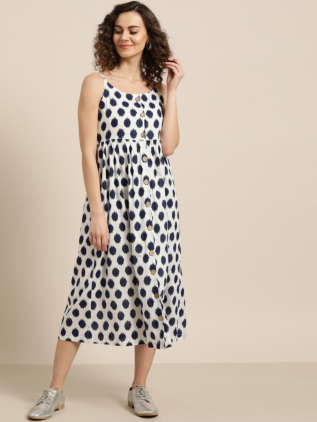 Navy Polka Strappy Front Button Dress-Dress-SASSAFRAS