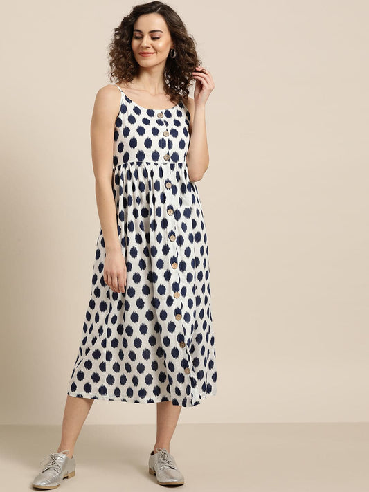 Navy Polka Strappy Front Button Dress-Dress-SASSAFRAS