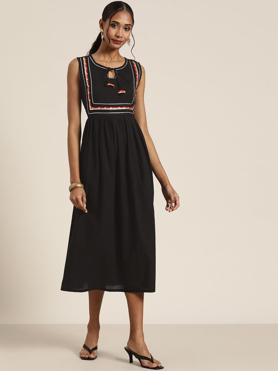Women Black Lehariya Gota Lace Gathered Dress-Dress-SASSAFRAS