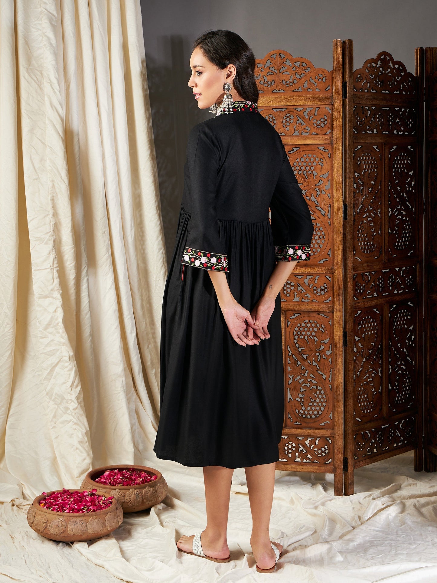 Women Black Embroidered Sleeve Gathered Dress